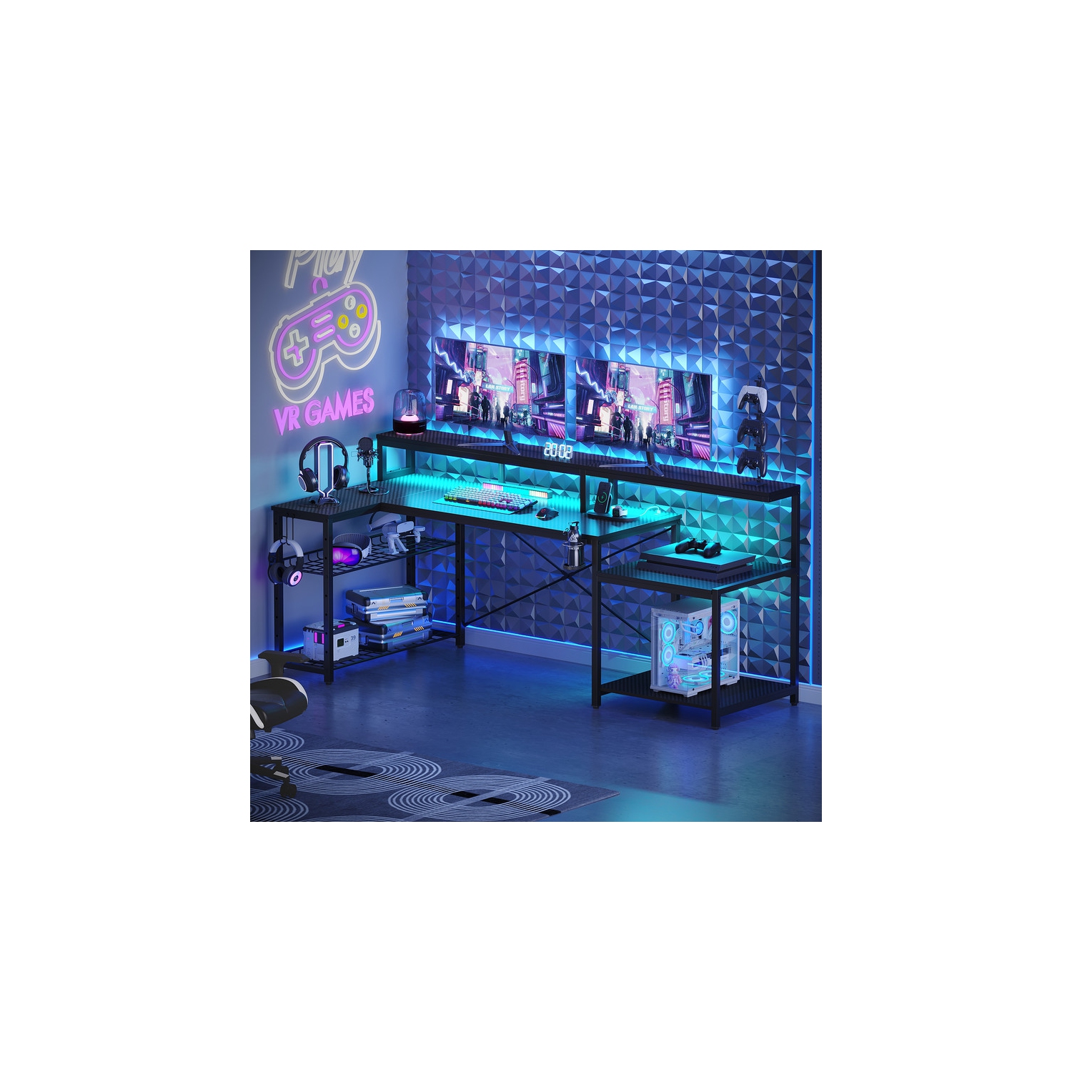 Bestier – Bureau de jeu LED de 71,5 po de largeur avec prise d'alimentation, bureau d'ordinateur en L avec support pour moniteur