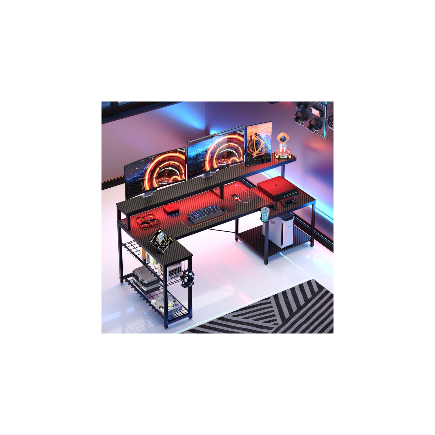 Bestier – Bureau de jeu LED de 71,5 po de largeur avec prise d'alimentation, bureau d'ordinateur en L avec support pour moniteur