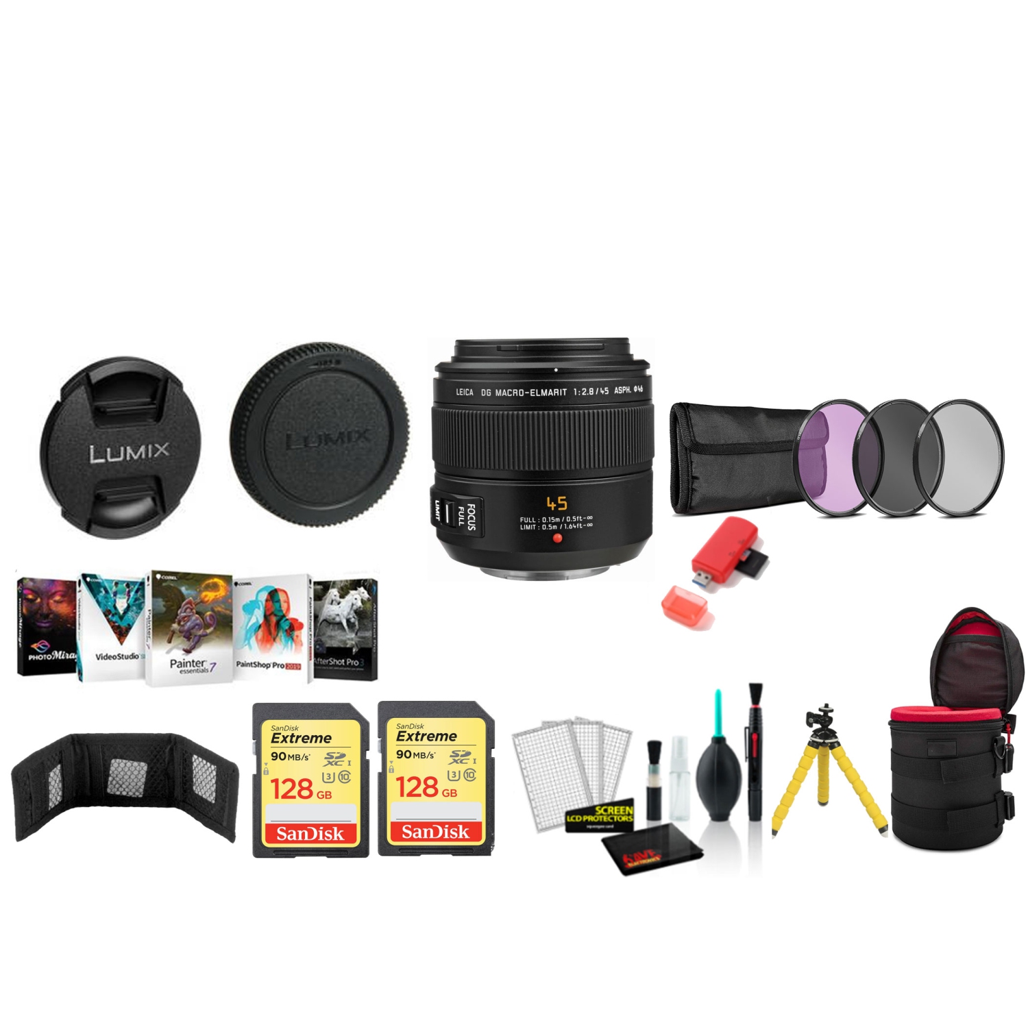 Panasonic Leica DG Macro-ELMARIT 45&nbsp;mm f/2,8 ASPH. MÉGA O.I.S. Objectif avec cartes mémoire 128&nbsp;Go 2x