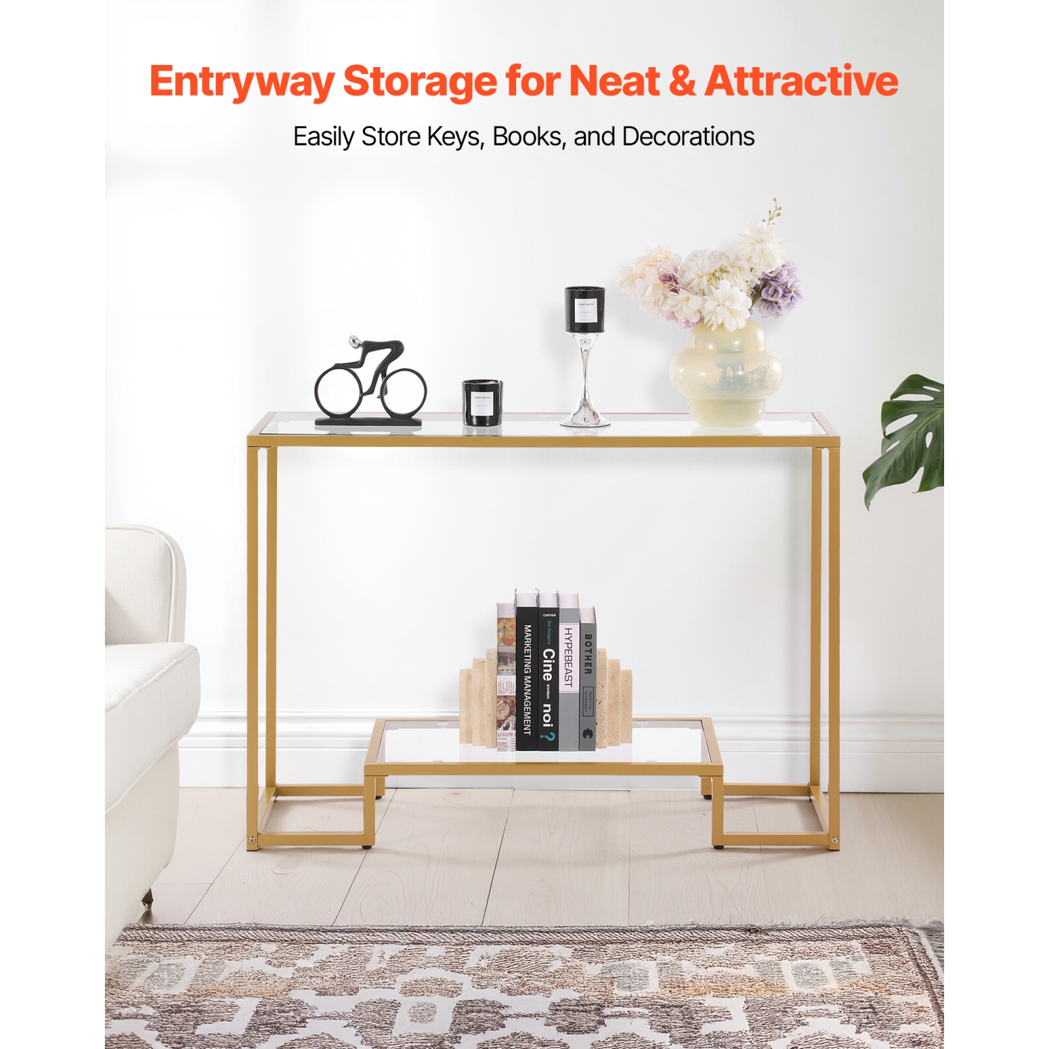 Console en verre à 2 niveaux VEVOR, table d'appoint rectangulaire moderne avec dessus en verre trempé et pattes en fer, bureau en nid d'or avec