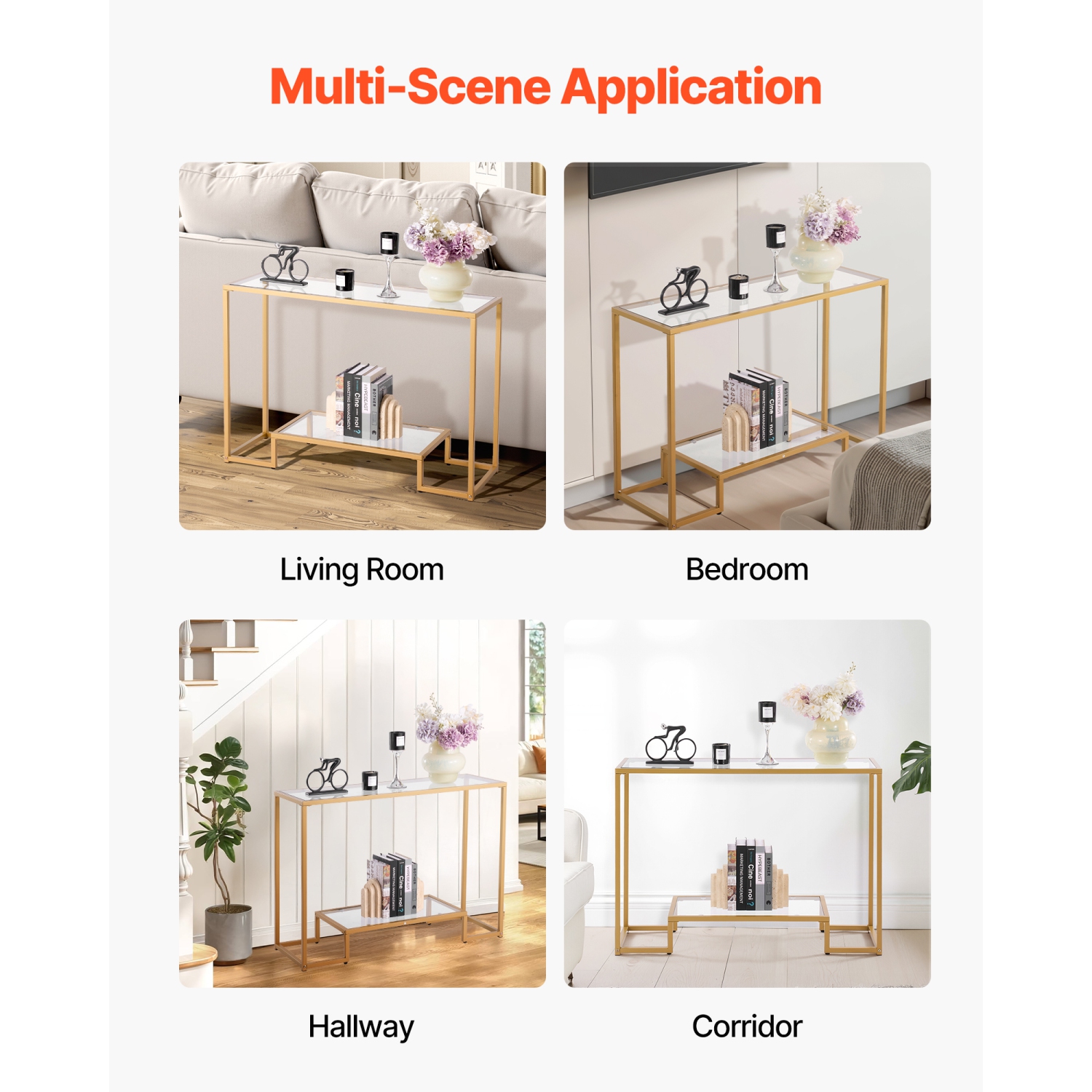 Console en verre à 2 niveaux VEVOR, table d'appoint rectangulaire moderne avec dessus en verre trempé et pattes en fer, bureau en nid d'or avec