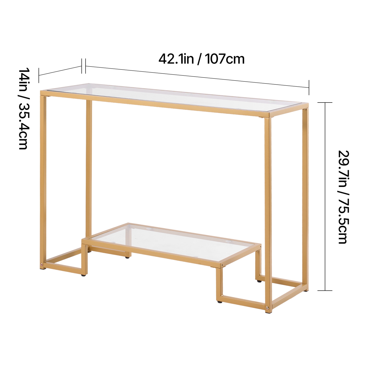 Console en verre à 2 niveaux VEVOR, table d'appoint rectangulaire moderne avec dessus en verre trempé et pattes en fer, bureau en nid d'or avec