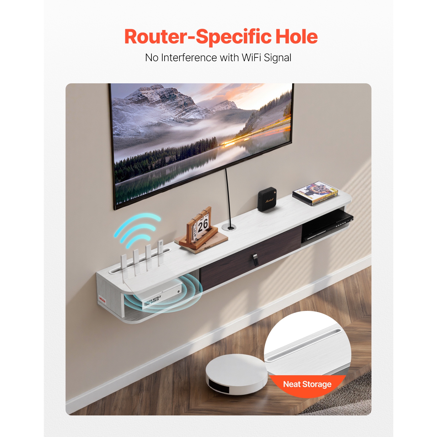 VEVOR 55 in Floating TV Stand, Wall Mount Entertainment Center with Cable Hole, Modern Floating TV Shelf with Storage Cabinet, Particle Board Console