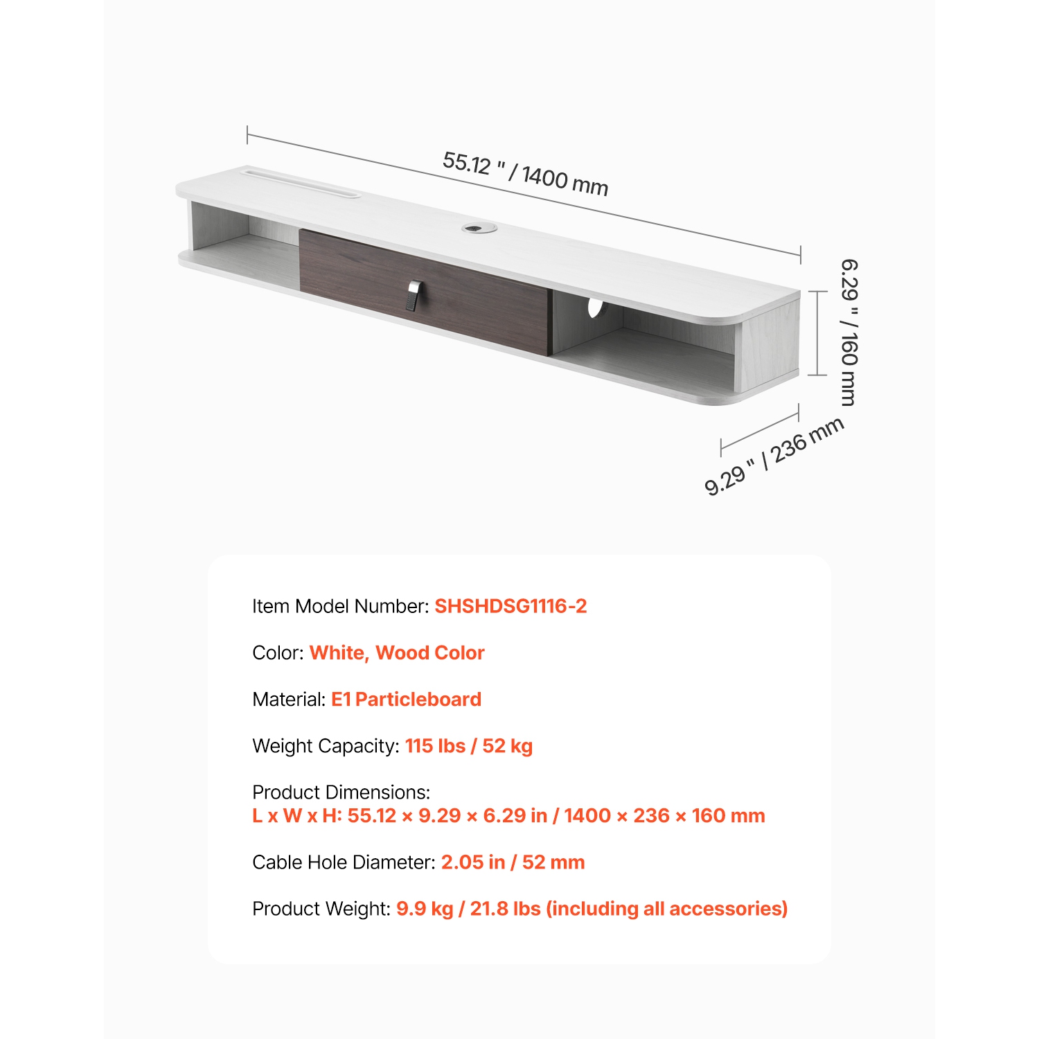 VEVOR 55 in Floating TV Stand, Wall Mount Entertainment Center with Cable Hole, Modern Floating TV Shelf with Storage Cabinet, Particle Board Console