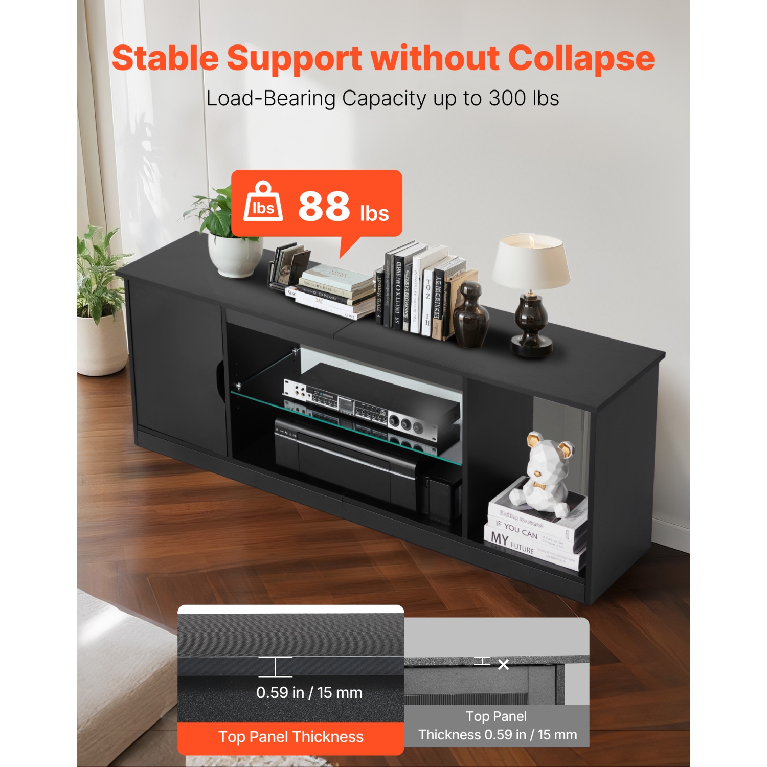 VEVOR TV Stand for TVs up to 65 inch, Modern Entertainment Center with Light Strip, Wooden TV Cabinet Storage with Glass Shelf and Adjustable