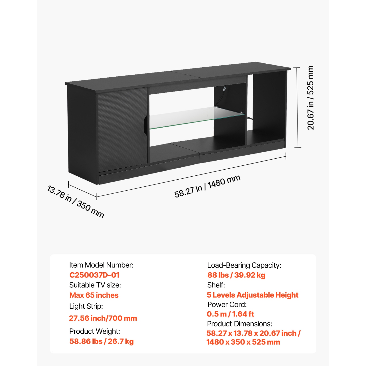 VEVOR TV Stand for TVs up to 65 inch, Modern Entertainment Center with Light Strip, Wooden TV Cabinet Storage with Glass Shelf and Adjustable