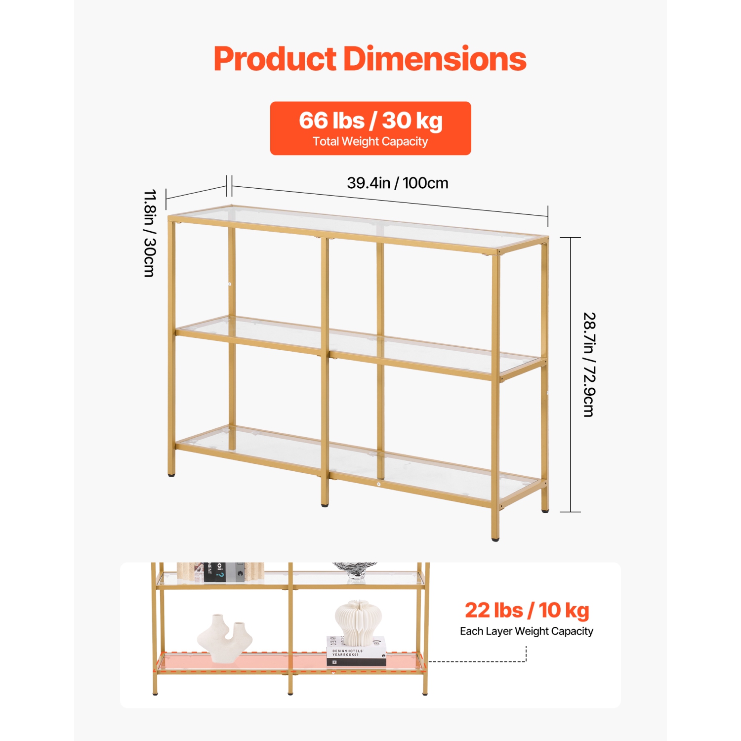 Console en verre à 3 niveaux VEVOR, table d'appoint rectangulaire moderne avec dessus en verre trempé et pattes en fer, bureau en nid d'or avec