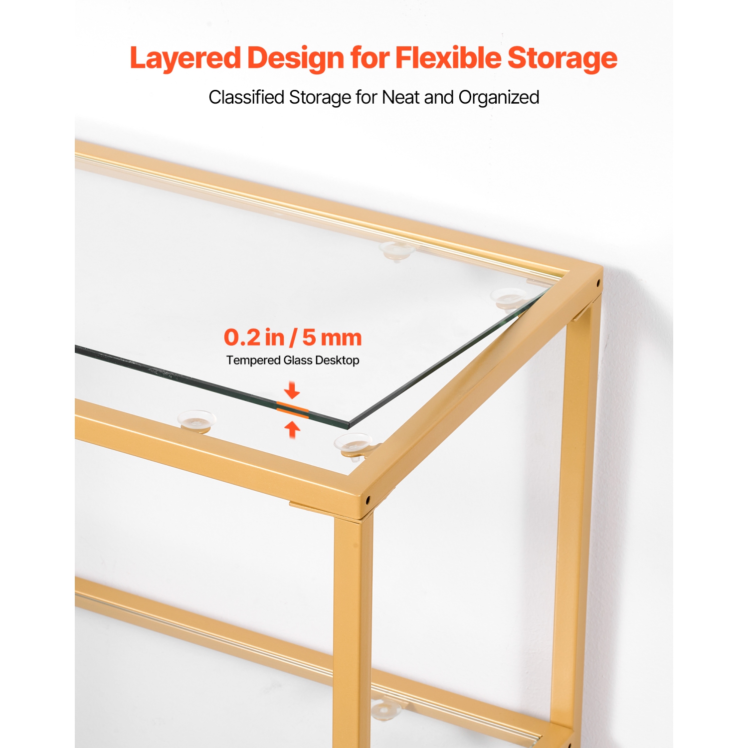 Console en verre à 3 niveaux VEVOR, table d'appoint rectangulaire moderne avec dessus en verre trempé et pattes en fer, bureau en nid d'or avec