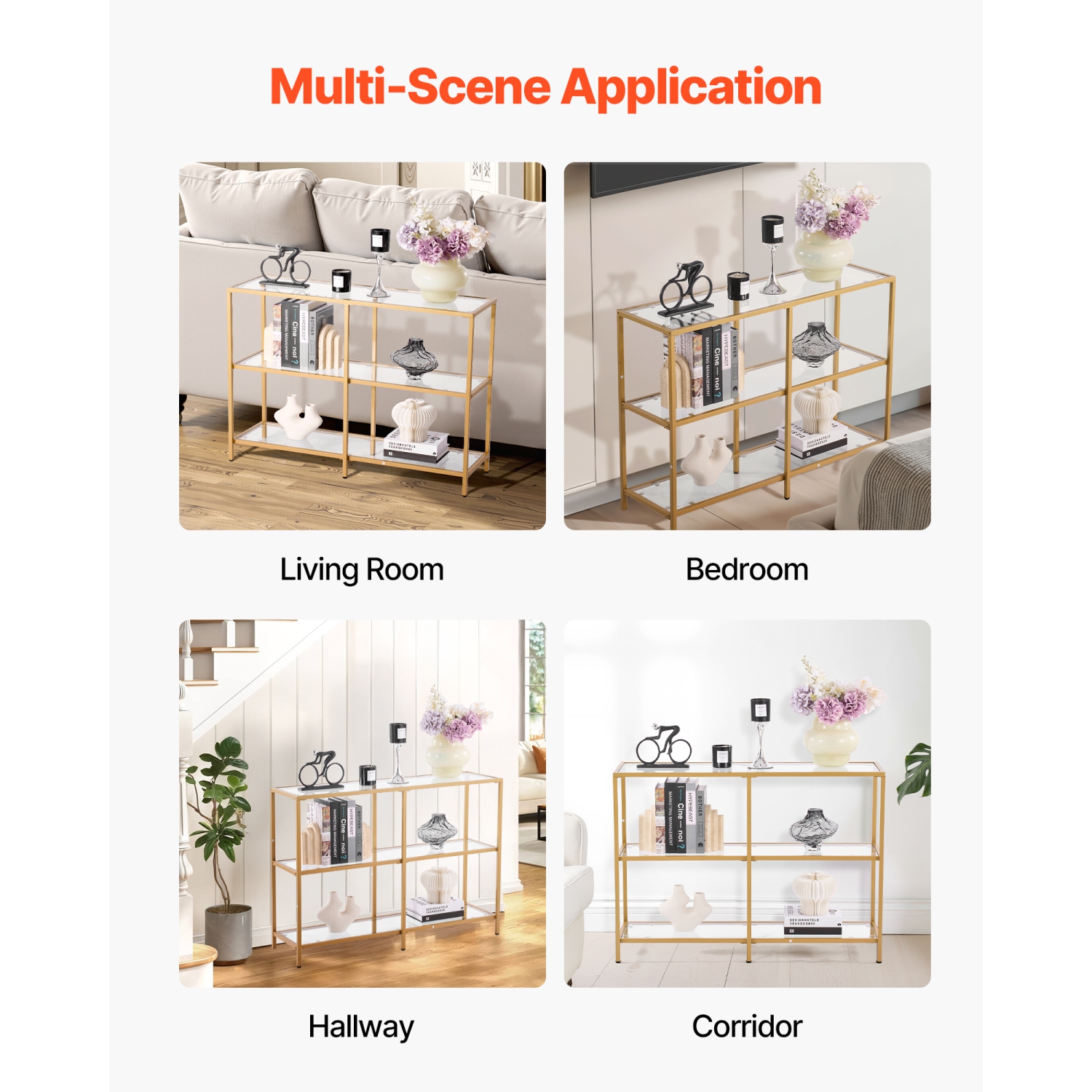 Console en verre à 3 niveaux VEVOR, table d'appoint rectangulaire moderne avec dessus en verre trempé et pattes en fer, bureau en nid d'or avec