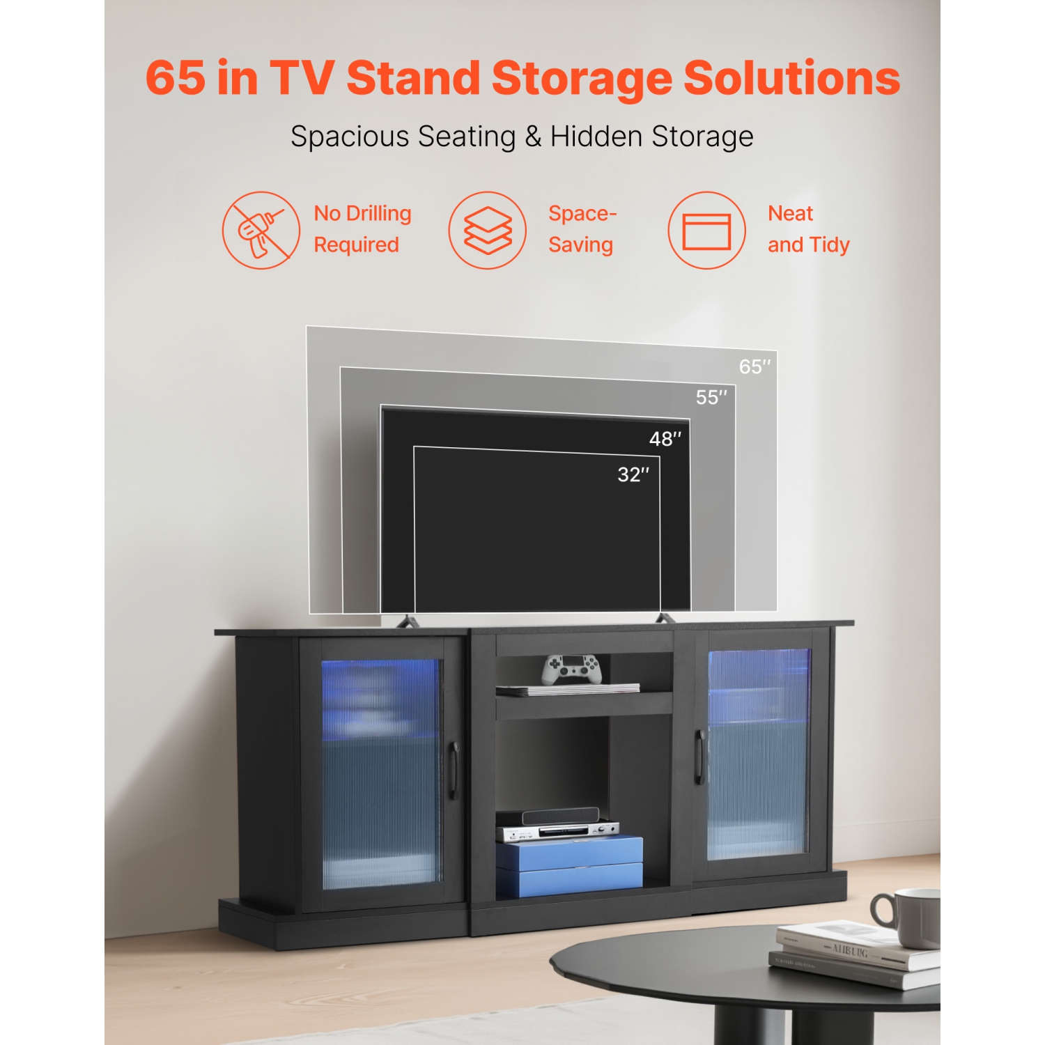 VEVOR TV Stand for TVs up to 65 inch, Modern Entertainment Center with Light Strip, Wooden TV Cabinet Storage with Glass Doors and Adjustable