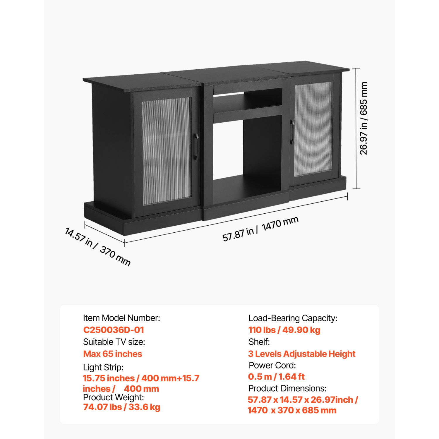 VEVOR TV Stand for TVs up to 65 inch, Modern Entertainment Center with Light Strip, Wooden TV Cabinet Storage with Glass Doors and Adjustable