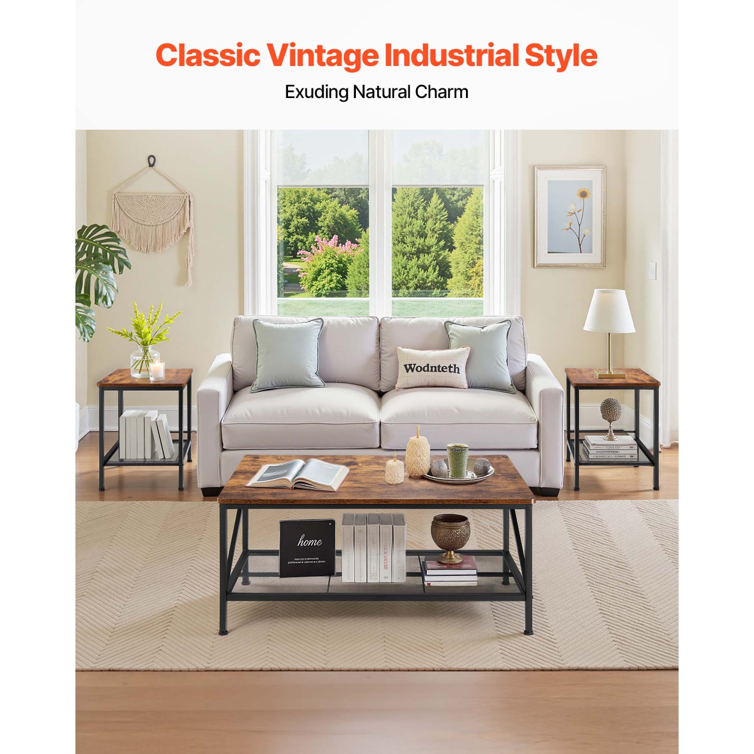 Ensemble de 3 tables de salon VEVOR, table basse industrielle de 41,3&nbsp;po avec 2 tables d'appoint carrées, tables basses et tables de bout