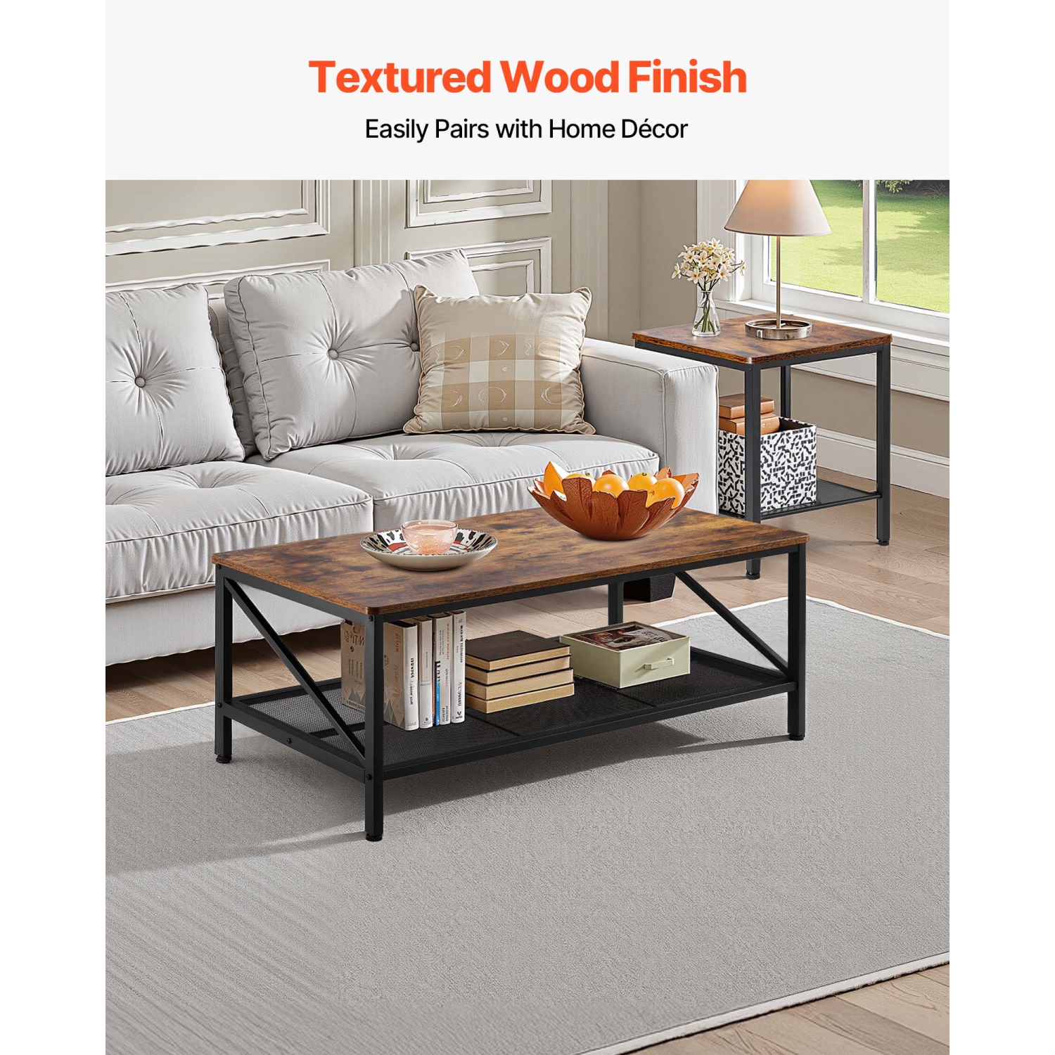 Ensemble de 3 tables de salon VEVOR, table basse industrielle de 41,3&nbsp;po avec 2 tables d'appoint carrées, tables basses et tables de bout