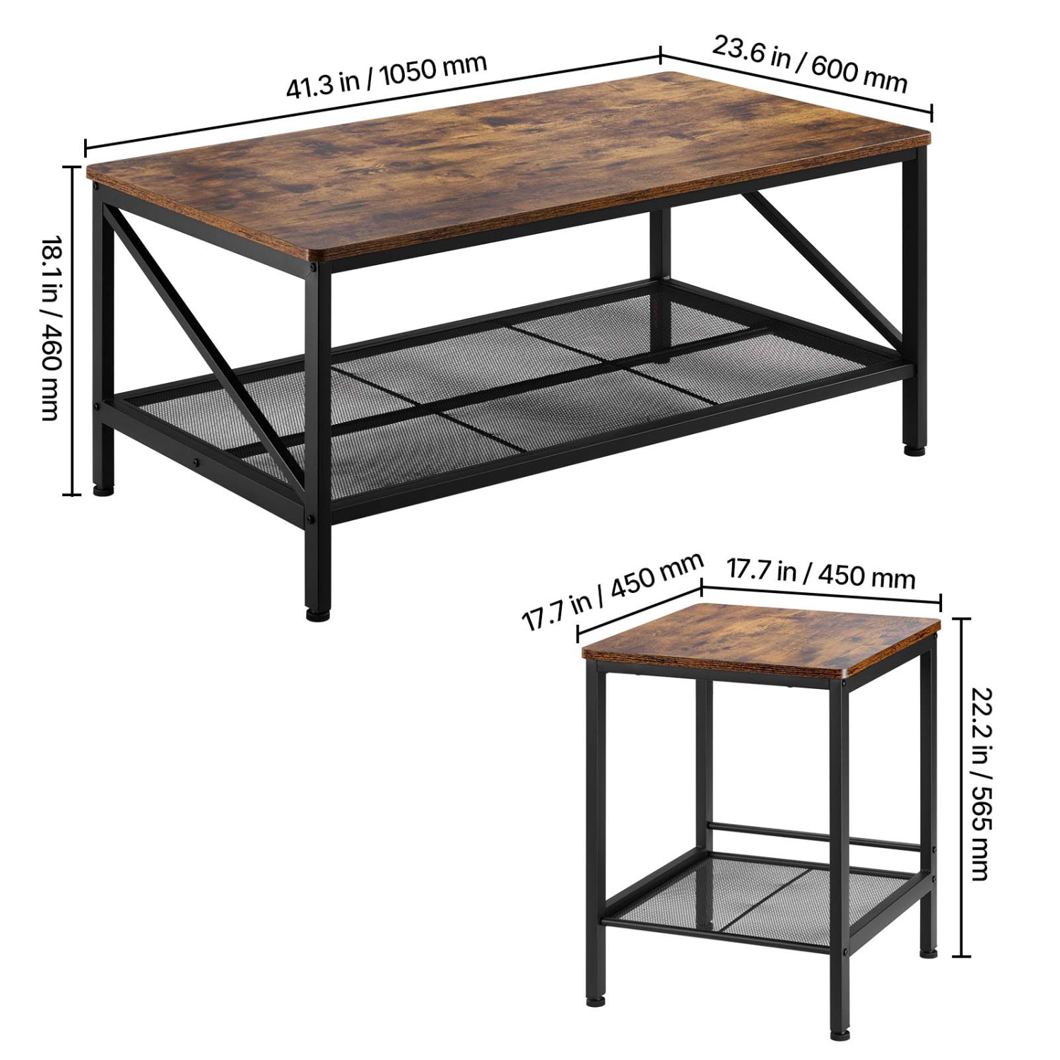 Ensemble de 3 tables de salon VEVOR, table basse industrielle de 41,3&nbsp;po avec 2 tables d'appoint carrées, tables basses et tables de bout