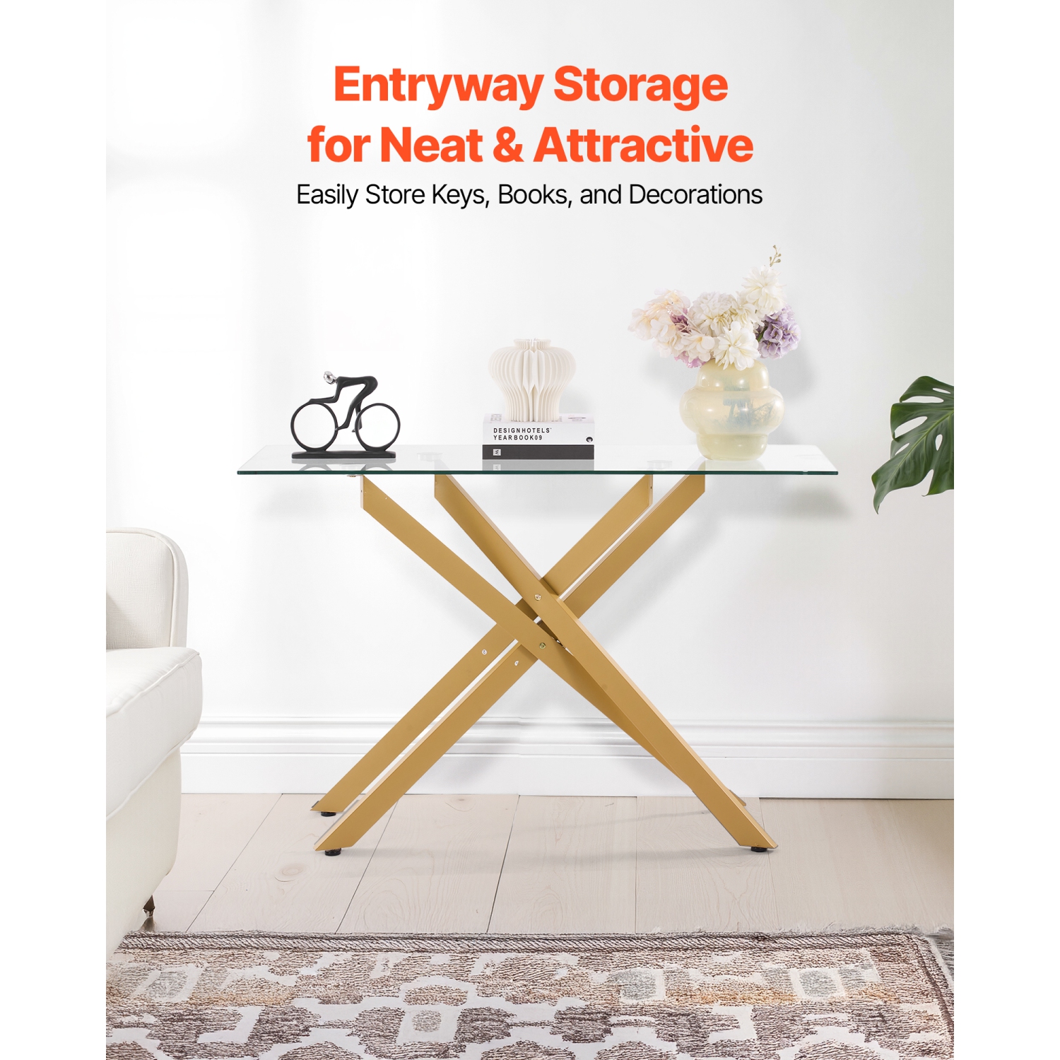 VEVOR Glass Coffee Table, Modern Rectangle Sofa Side Table with Tempered Glass Top & Iron Cross-Legs, Golden Geometric Consloe Desk with Adjustable