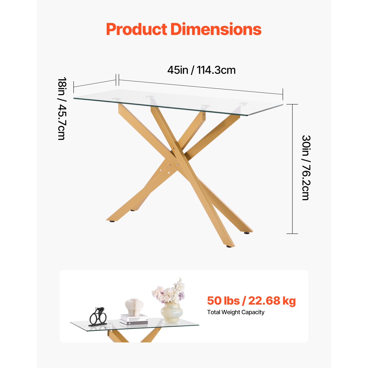 VEVOR Glass Coffee Table, Modern Rectangle Sofa Side Table with Tempered Glass Top & Iron Cross-Legs, Golden Geometric Consloe Desk with Adjustable