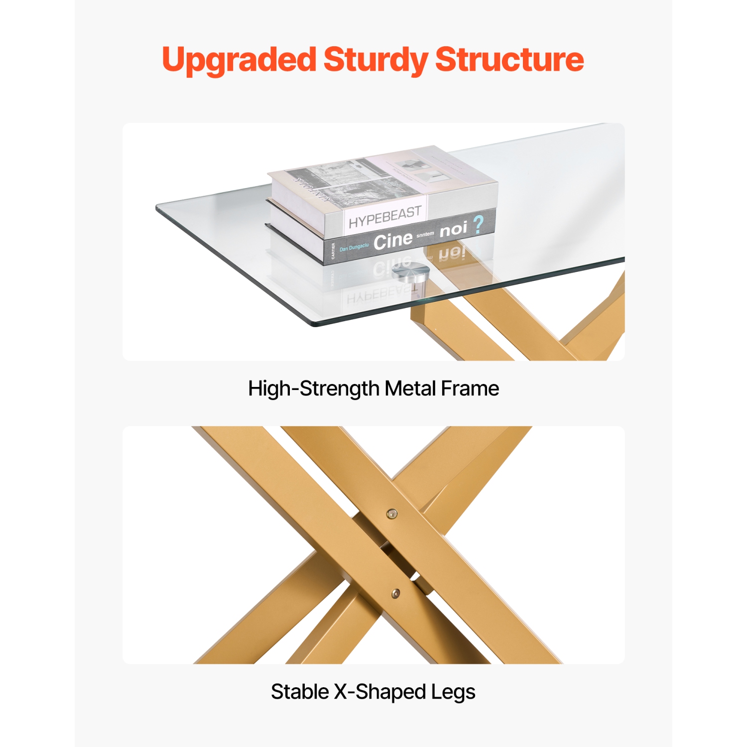 VEVOR Glass Coffee Table, Modern Rectangle Sofa Side Table with Tempered Glass Top & Iron Cross-Legs, Golden Geometric Consloe Desk with Adjustable