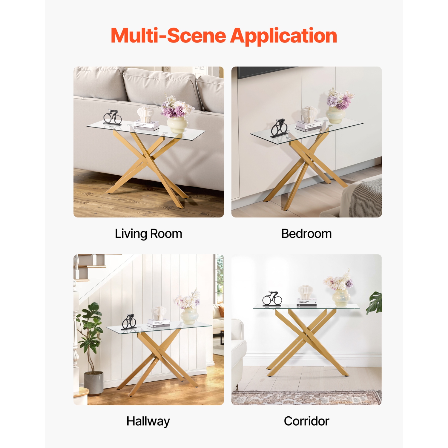 VEVOR Glass Coffee Table, Modern Rectangle Sofa Side Table with Tempered Glass Top & Iron Cross-Legs, Golden Geometric Consloe Desk with Adjustable