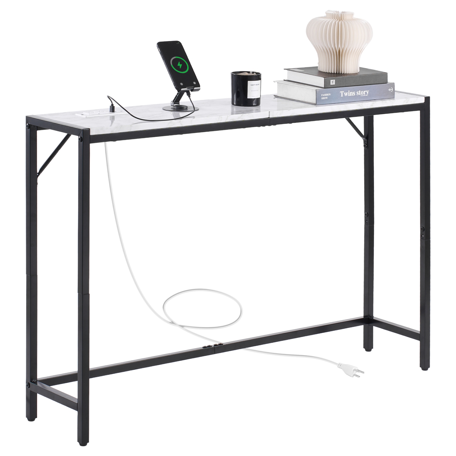 VEVOR Marble Console Table, Modern Narrow Long Console Table with Power Outlet, Thin Sofa Side Table with Iron Tubes, Anti-Tip Device and Triangular
