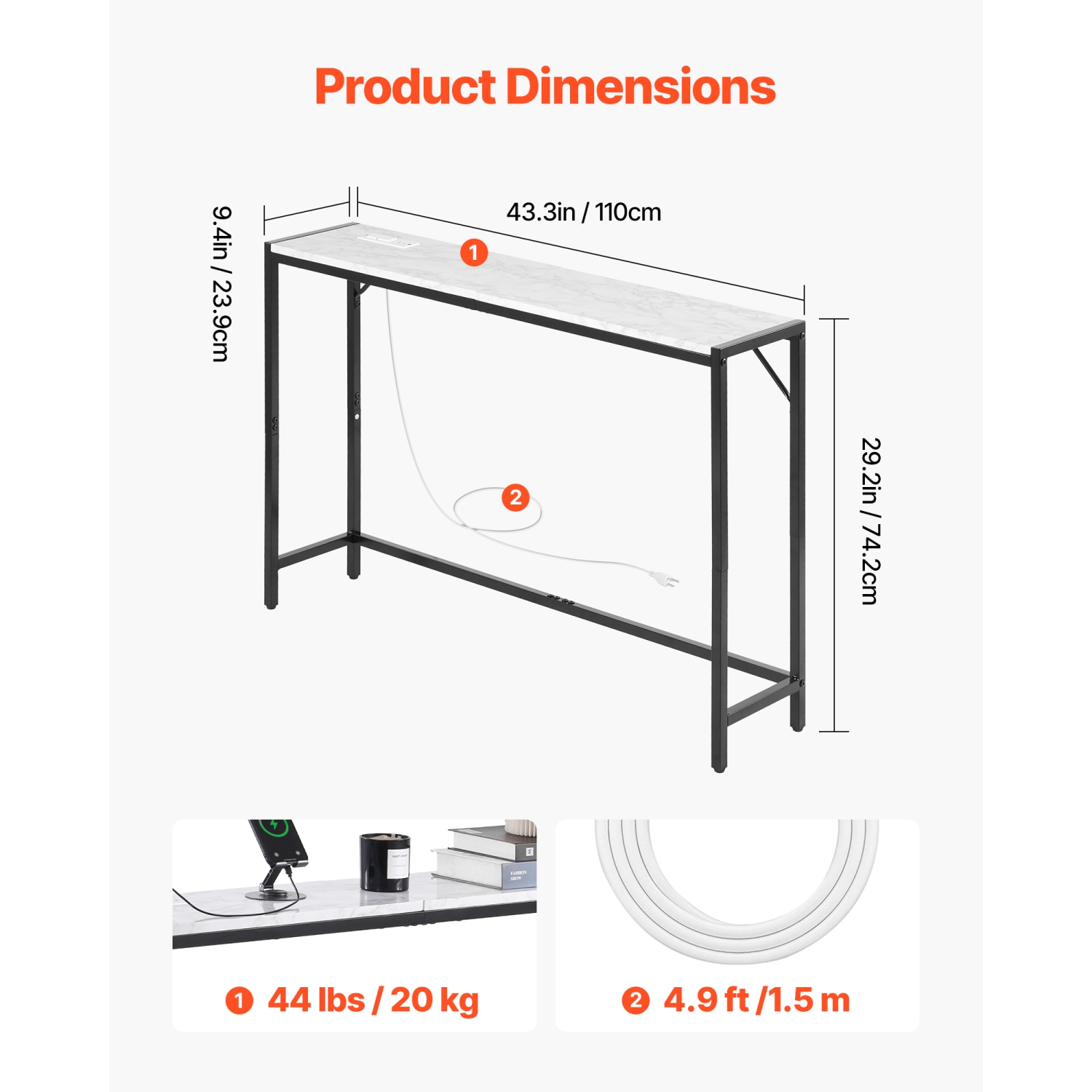 VEVOR Marble Console Table, Modern Narrow Long Console Table with Power Outlet, Thin Sofa Side Table with Iron Tubes, Anti-Tip Device and Triangular