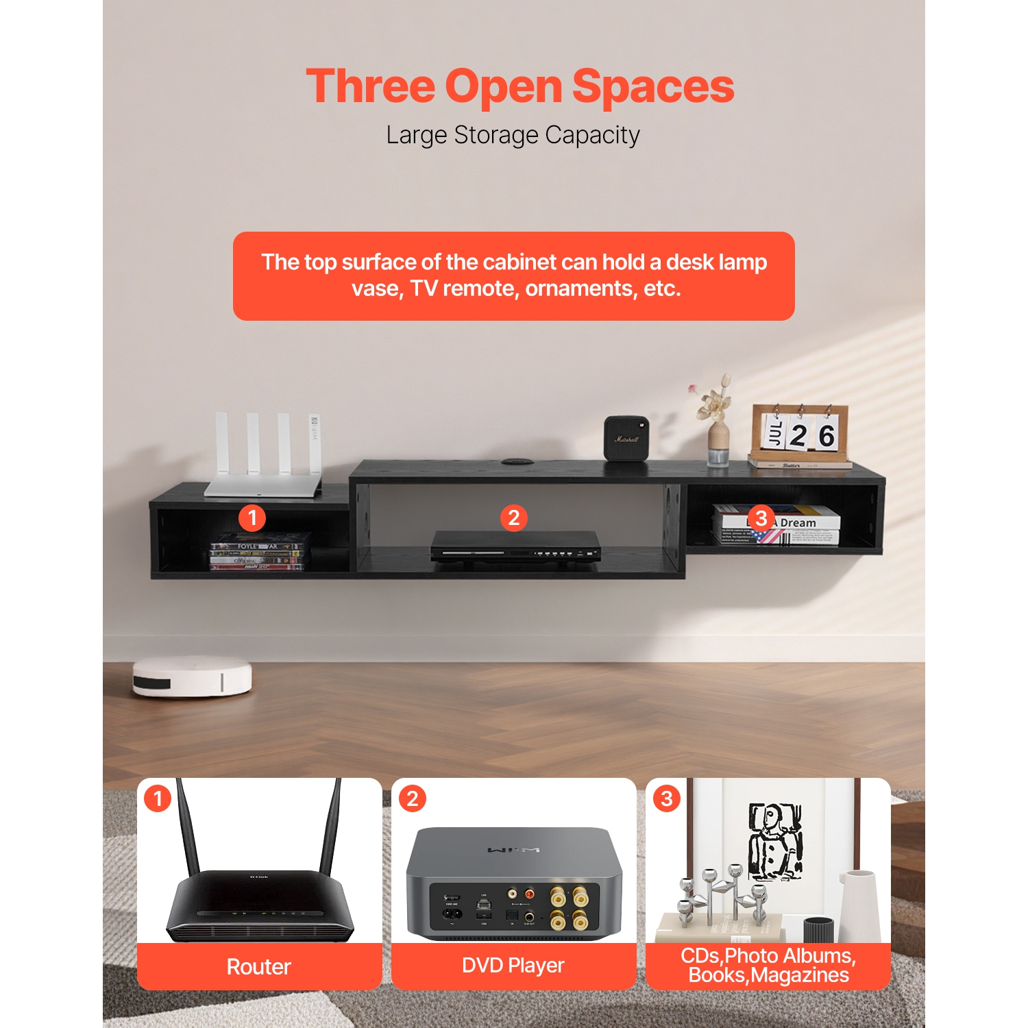 VEVOR 59" Floating TV Stand, Wall Mount Entertainment Center with Power Outlet & Cable Hole, Modern Floating TV Shelf with Storage Cabinet for DVD