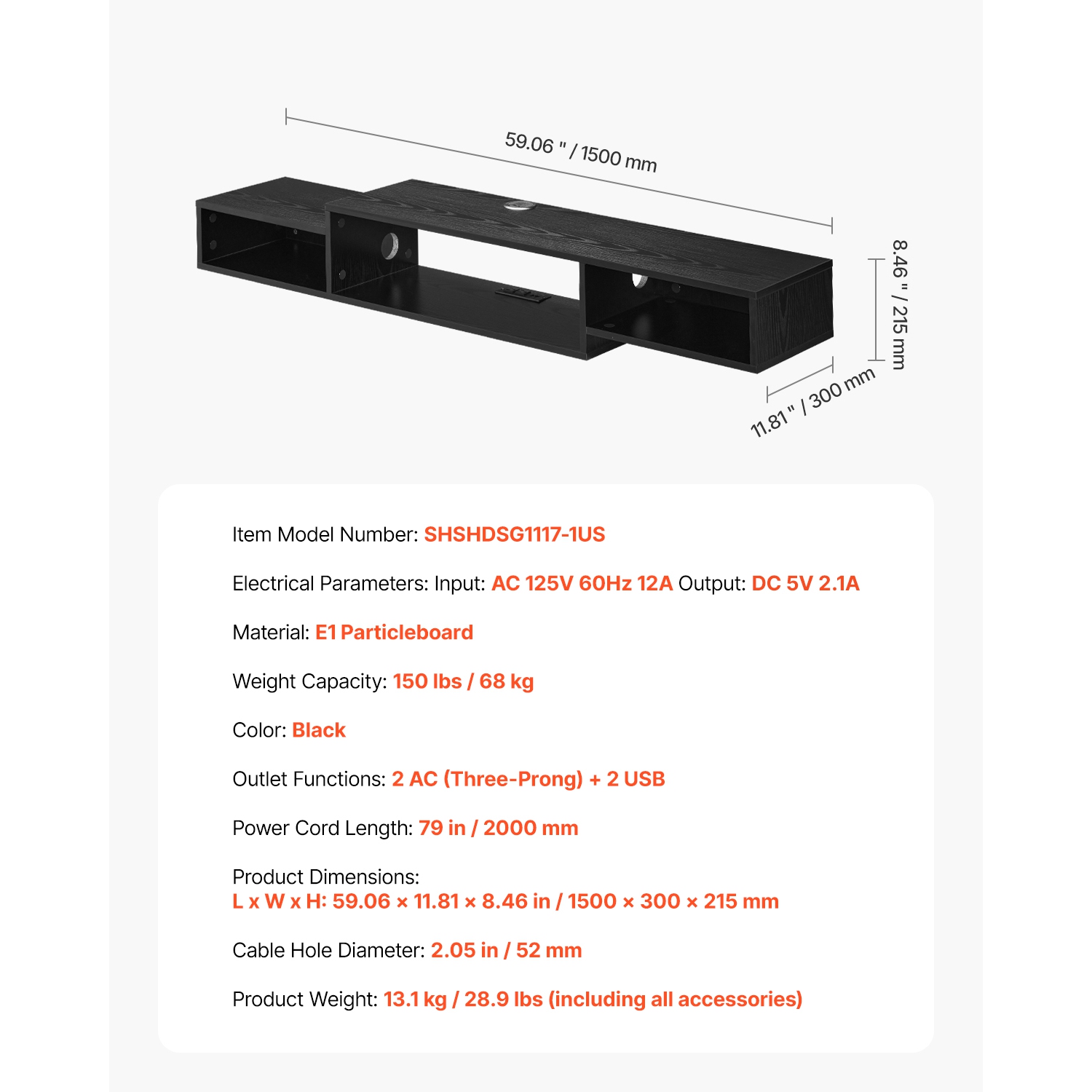 VEVOR 59" Floating TV Stand, Wall Mount Entertainment Center with Power Outlet & Cable Hole, Modern Floating TV Shelf with Storage Cabinet for DVD
