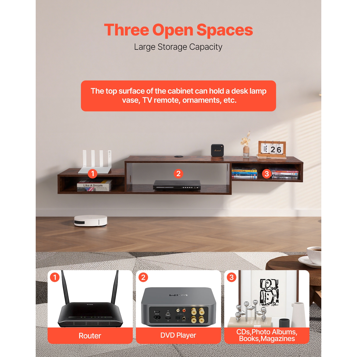 VEVOR 70" Floating TV Stand, Wall Mount Entertainment Center with Power Outlet & Cable Hole, Modern Floating TV Shelf with Storage Cabinet for DVD