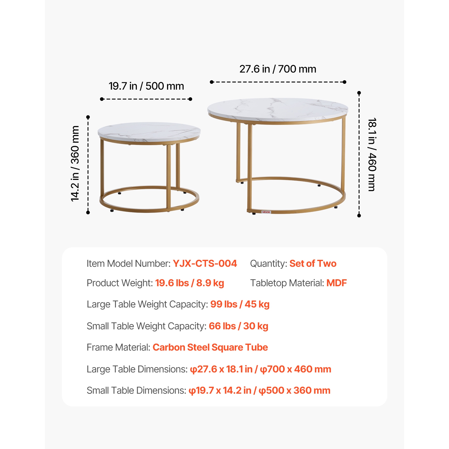 Ensemble de 2 tables basses gigognes VEVOR, table basse ronde de 27,6&nbsp;po, tables gigognes pour petite place, tables d'appoint Vintage avec cadre