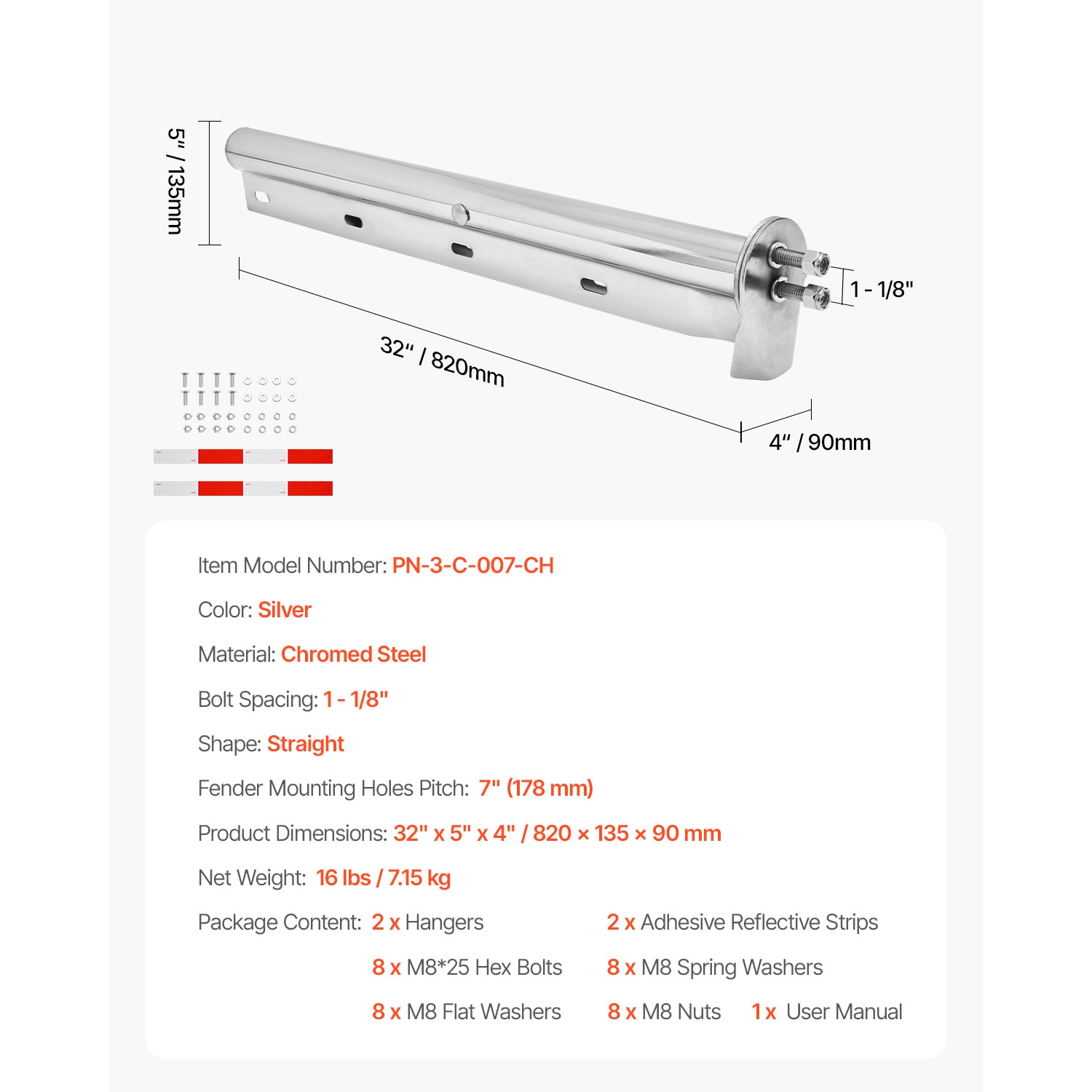 VEVOR 1-1/8" Chrome Straight Spring Loaded Mud Flap Hangers, Bolt Spacing Mudflap Hangers for Semi Trucks, 1 Pair Heavy Duty Semi Truck Mud Flap