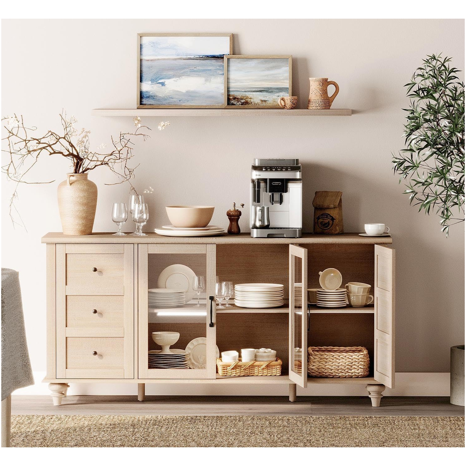 Buffet WAMPAT avec porte en verre, armoires de rangement de cuisine, tables de bar à café en bois, armoire de rangement d'appoint Table de salle à