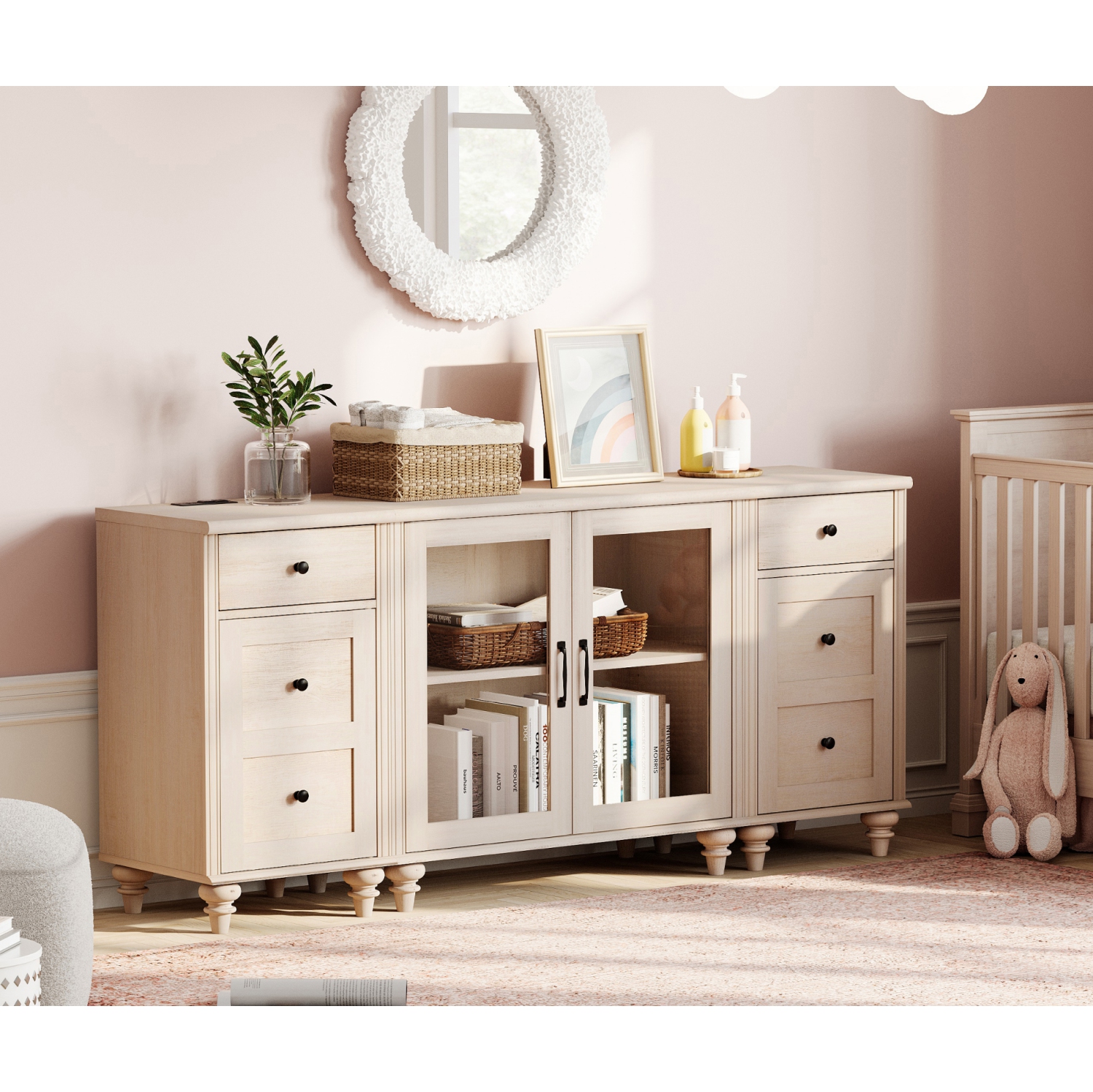 Buffet WAMPAT avec porte en verre, armoires de rangement de cuisine, tables de bar à café en bois, armoire de rangement d'appoint Table de salle à