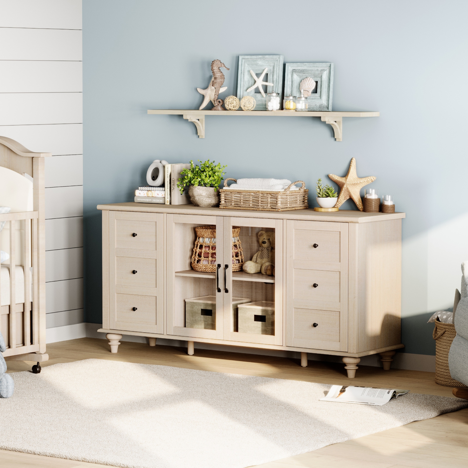 Buffet WAMPAT avec porte en verre, armoires de rangement de cuisine, tables de bar à café en bois, armoire de rangement d'appoint Table de salle à