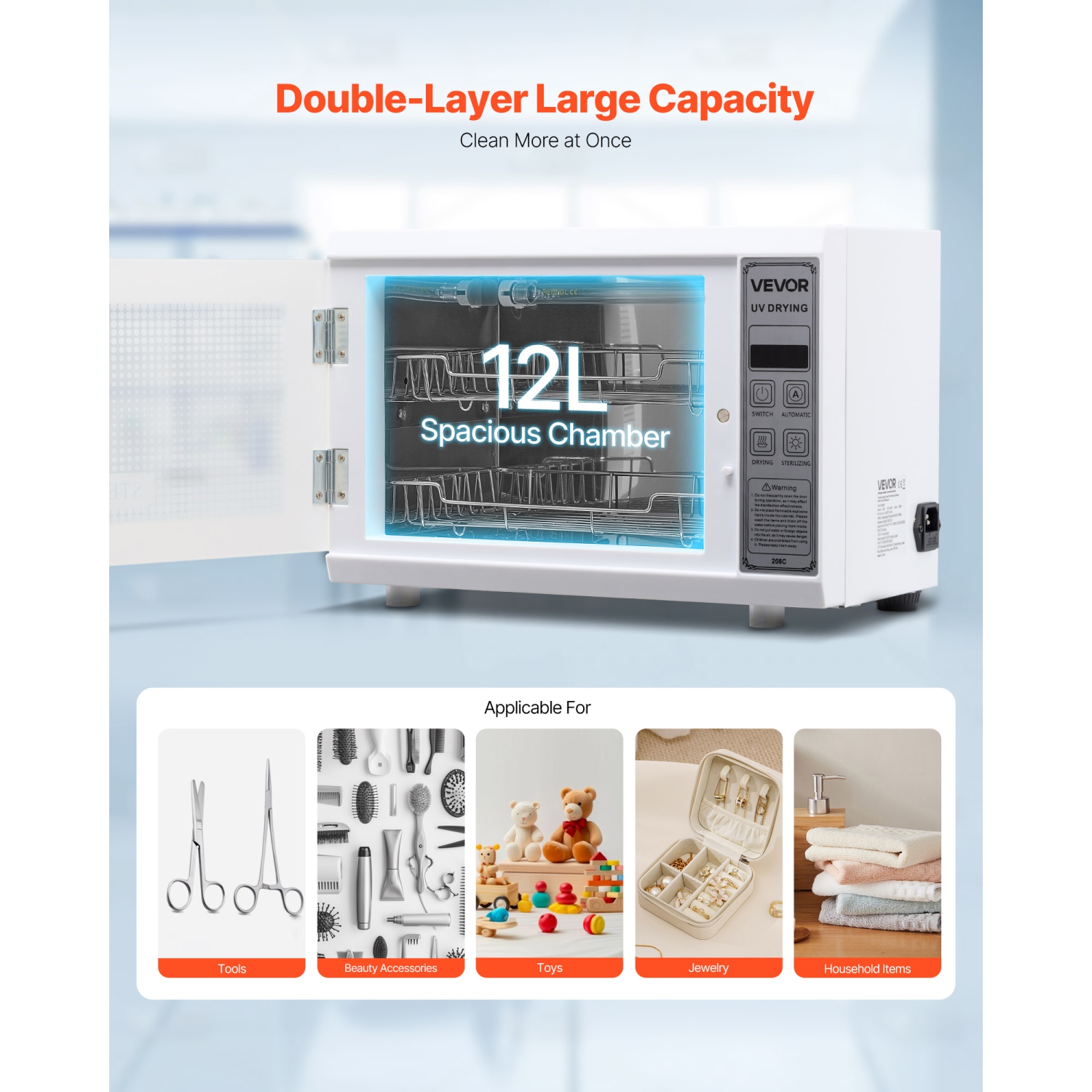 VEVOR 12L Nail Tool Cleaning Machine, Multi-Functional Tool Cabinet Cleaner Box with Timer Setting, Tempered Glass Door, 185nm Wavelength, for Labs,