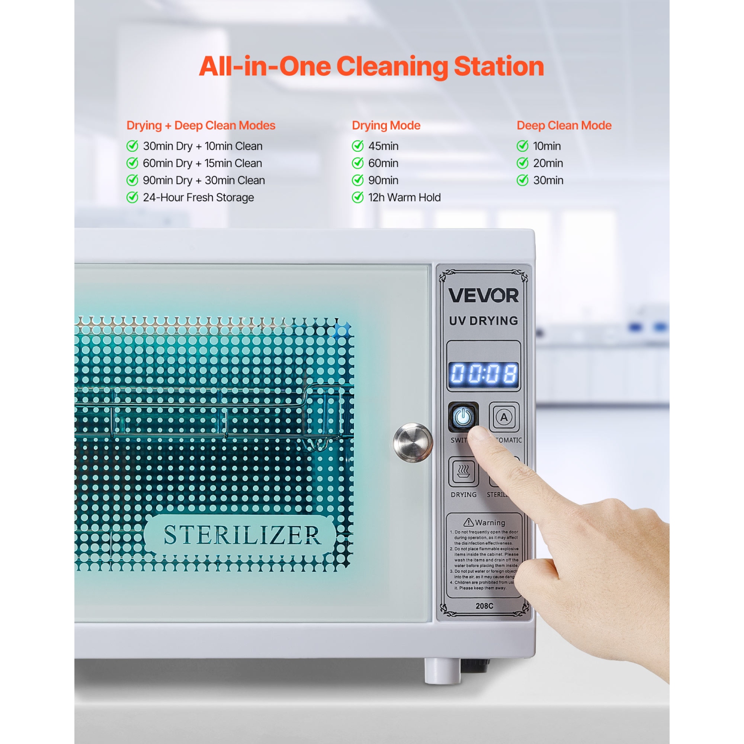 VEVOR 12L Nail Tool Cleaning Machine, Multi-Functional Tool Cabinet Cleaner Box with Timer Setting, Tempered Glass Door, 185nm Wavelength, for Labs,