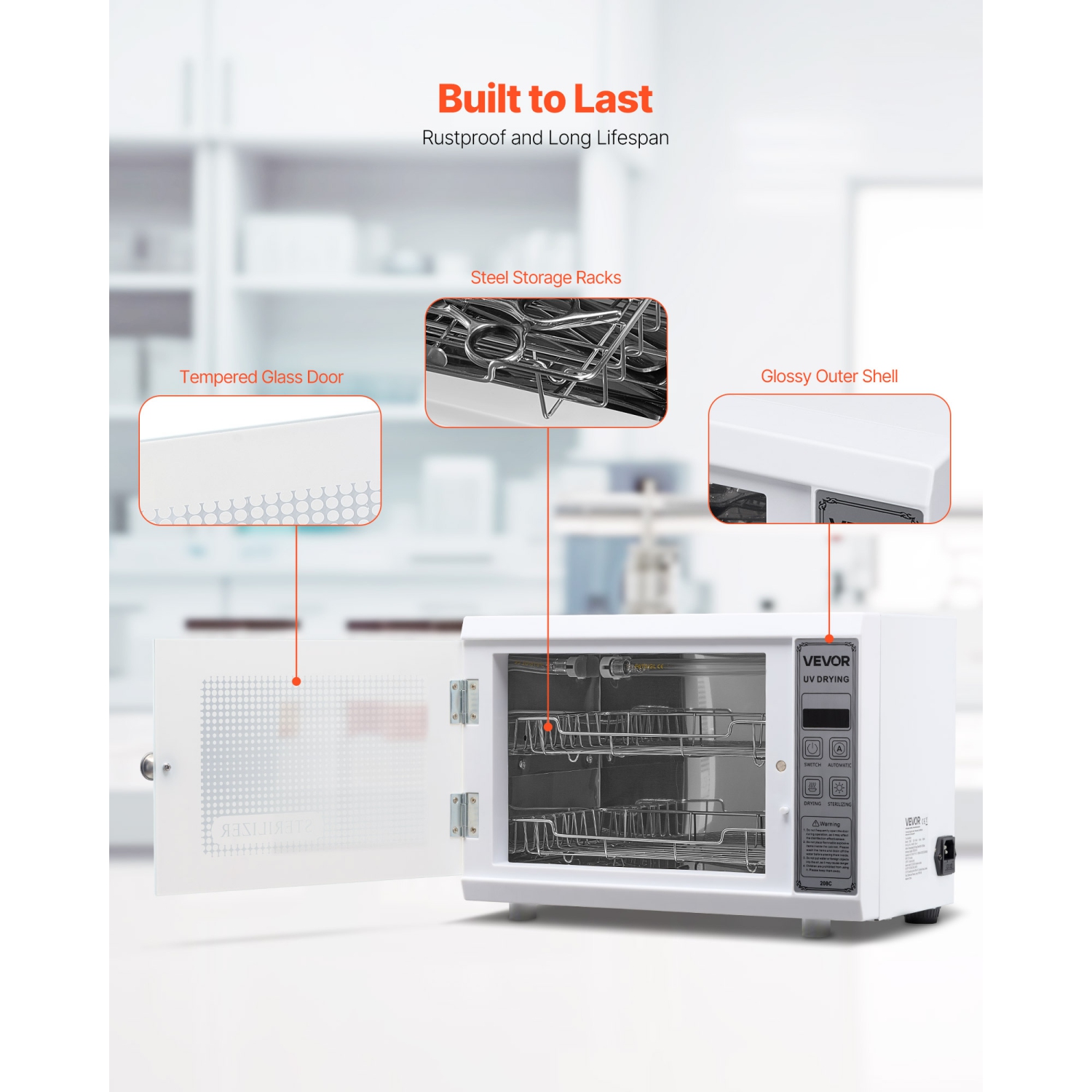 VEVOR 12L Nail Tool Cleaning Machine, Multi-Functional Tool Cabinet Cleaner Box with Timer Setting, Tempered Glass Door, 185nm Wavelength, for Labs,