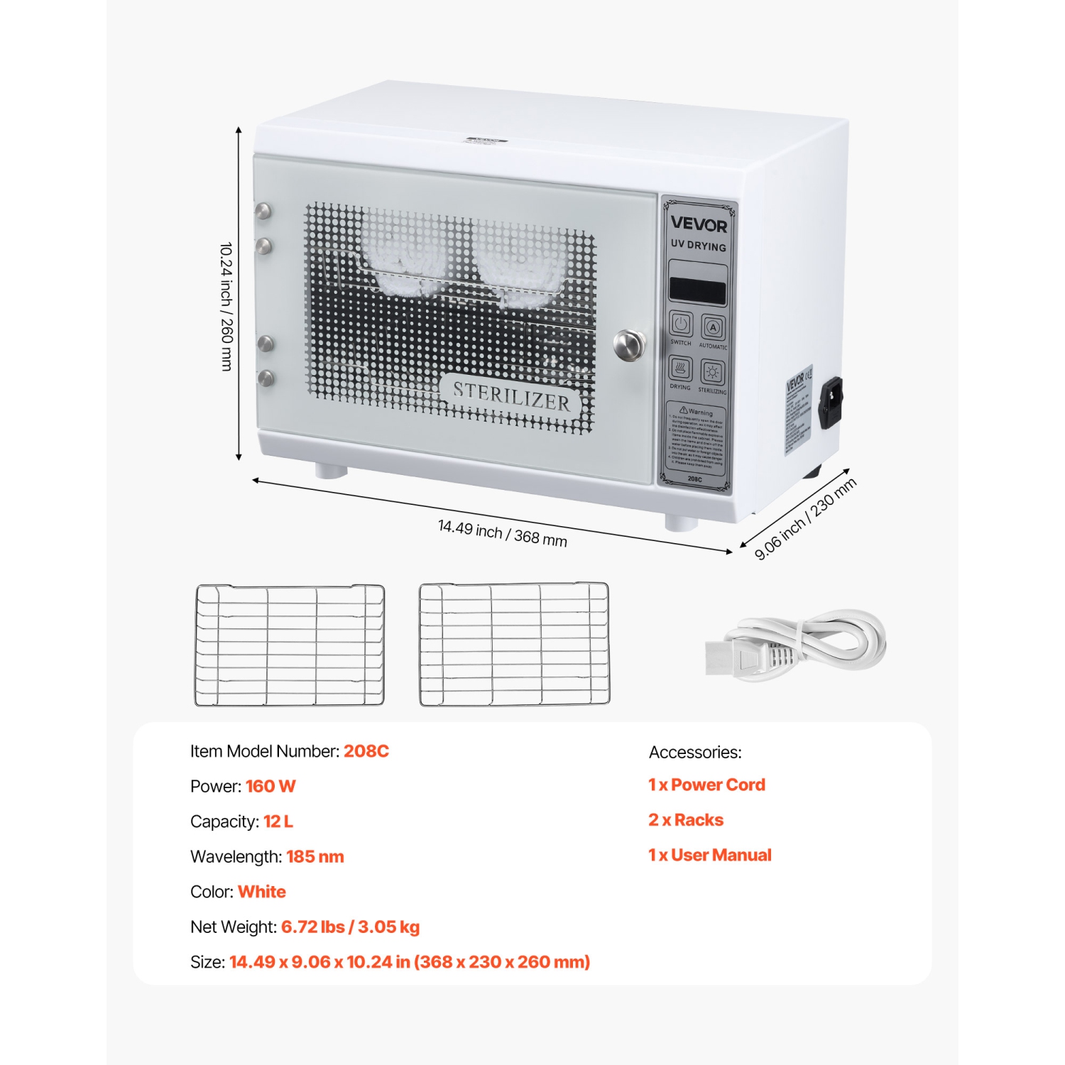 VEVOR 12L Nail Tool Cleaning Machine, Multi-Functional Tool Cabinet Cleaner Box with Timer Setting, Tempered Glass Door, 185nm Wavelength, for Labs,