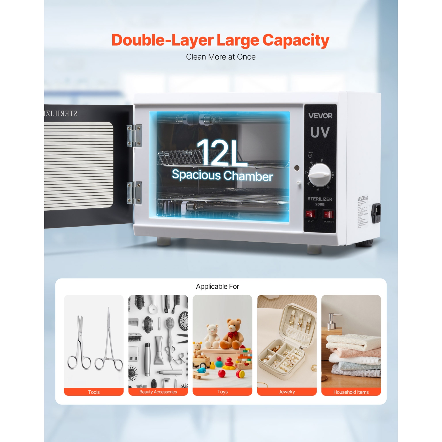 VEVOR 12L Nail Tool Cleaning Machine, Knob Control, Tool Cabinet Cleaner Box with Timer Setting, Tempered Glass Door, 185nm Wavelength, for Labs,