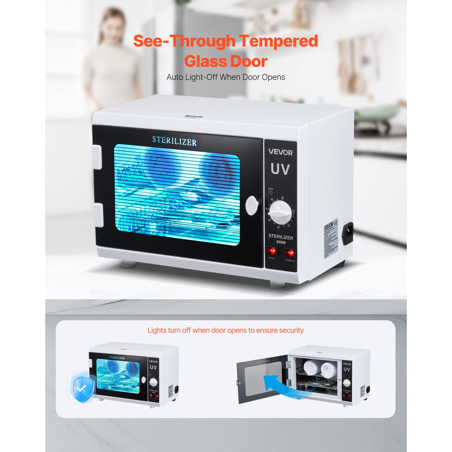 VEVOR 12L Nail Tool Cleaning Machine, Knob Control, Tool Cabinet Cleaner Box with Timer Setting, Tempered Glass Door, 185nm Wavelength, for Labs,