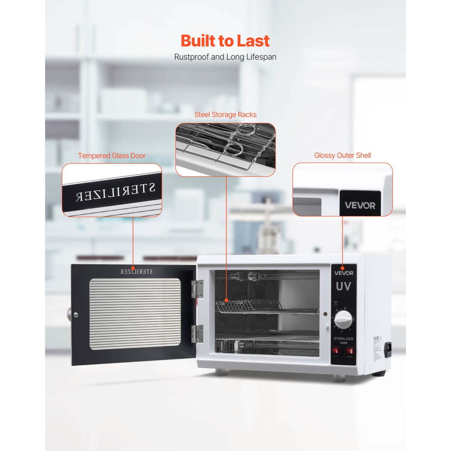 VEVOR 12L Nail Tool Cleaning Machine, Knob Control, Tool Cabinet Cleaner Box with Timer Setting, Tempered Glass Door, 185nm Wavelength, for Labs,