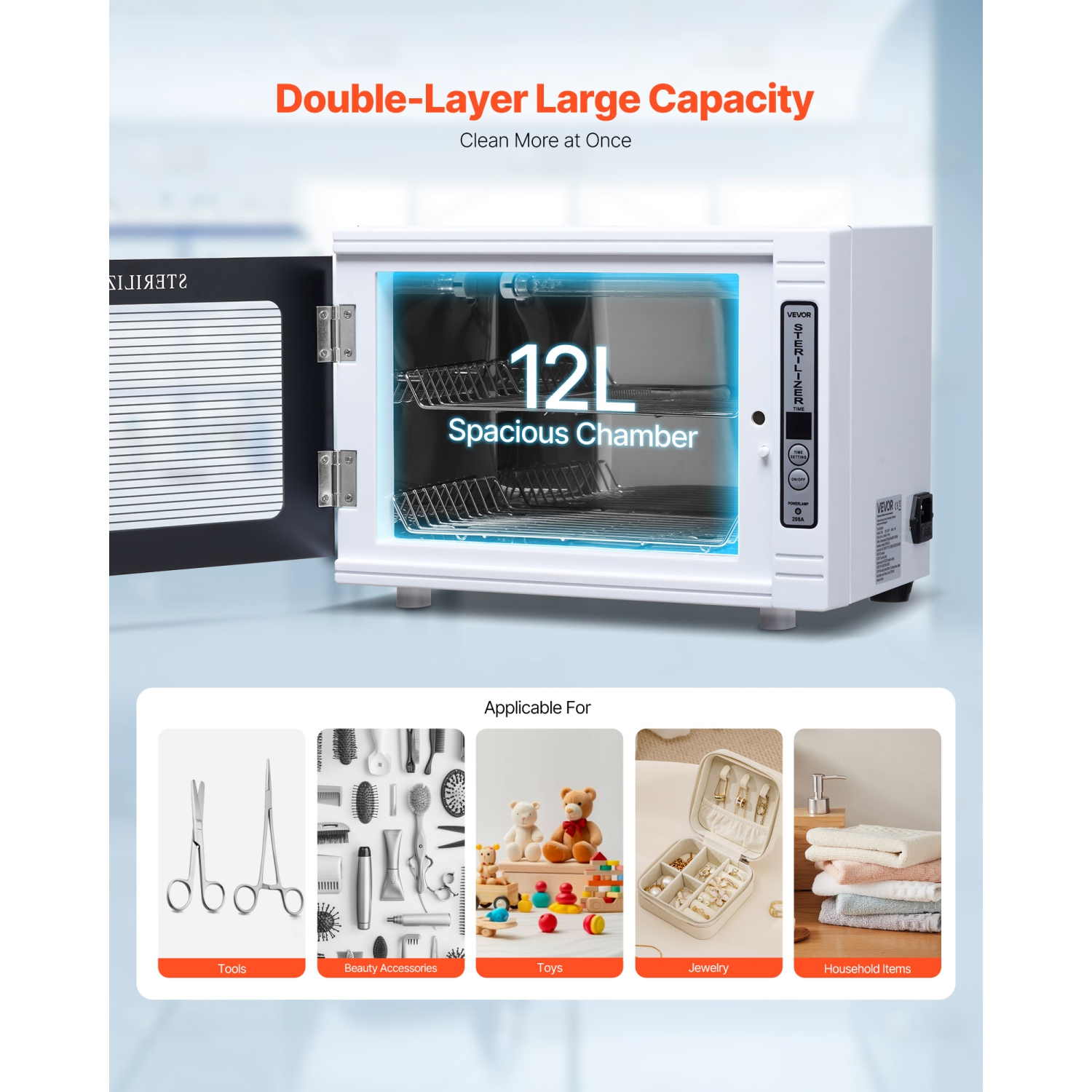 VEVOR 12L Nail Tool Cleaning Machine, Tool Cabinet Cleaner Box with Timer Setting, Tempered Glass Door, 185nm Wavelength, for Labs, Home, Nail