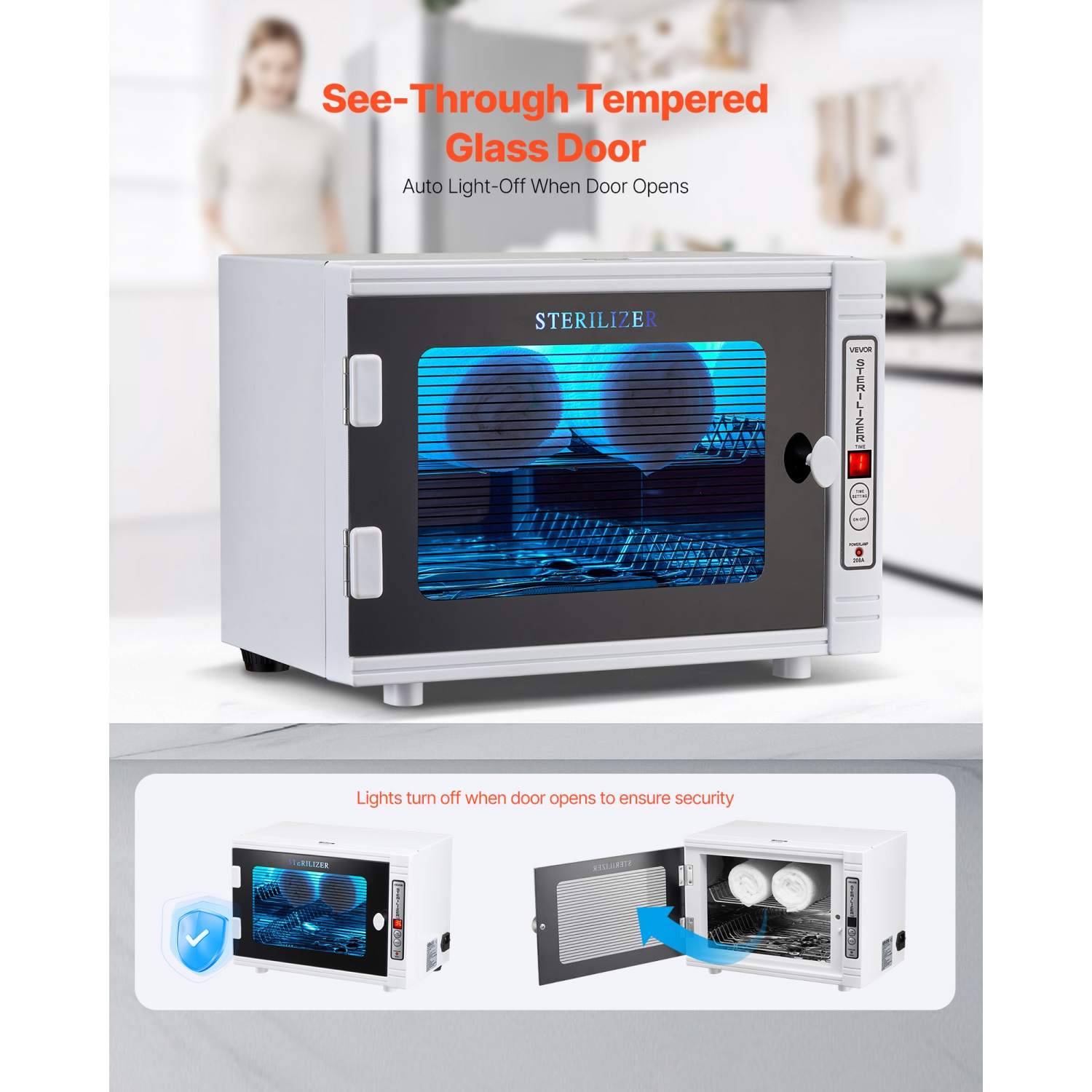 VEVOR 12L Nail Tool Cleaning Machine, Tool Cabinet Cleaner Box with Timer Setting, Tempered Glass Door, 185nm Wavelength, for Labs, Home, Nail