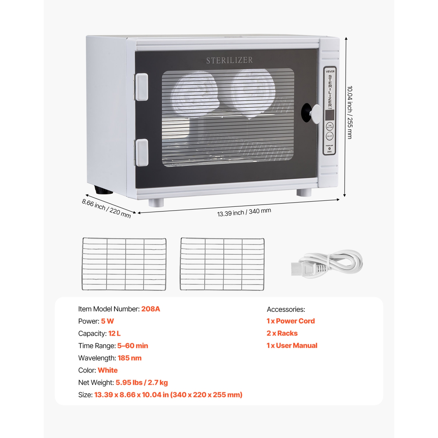 VEVOR 12L Nail Tool Cleaning Machine, Tool Cabinet Cleaner Box with Timer Setting, Tempered Glass Door, 185nm Wavelength, for Labs, Home, Nail