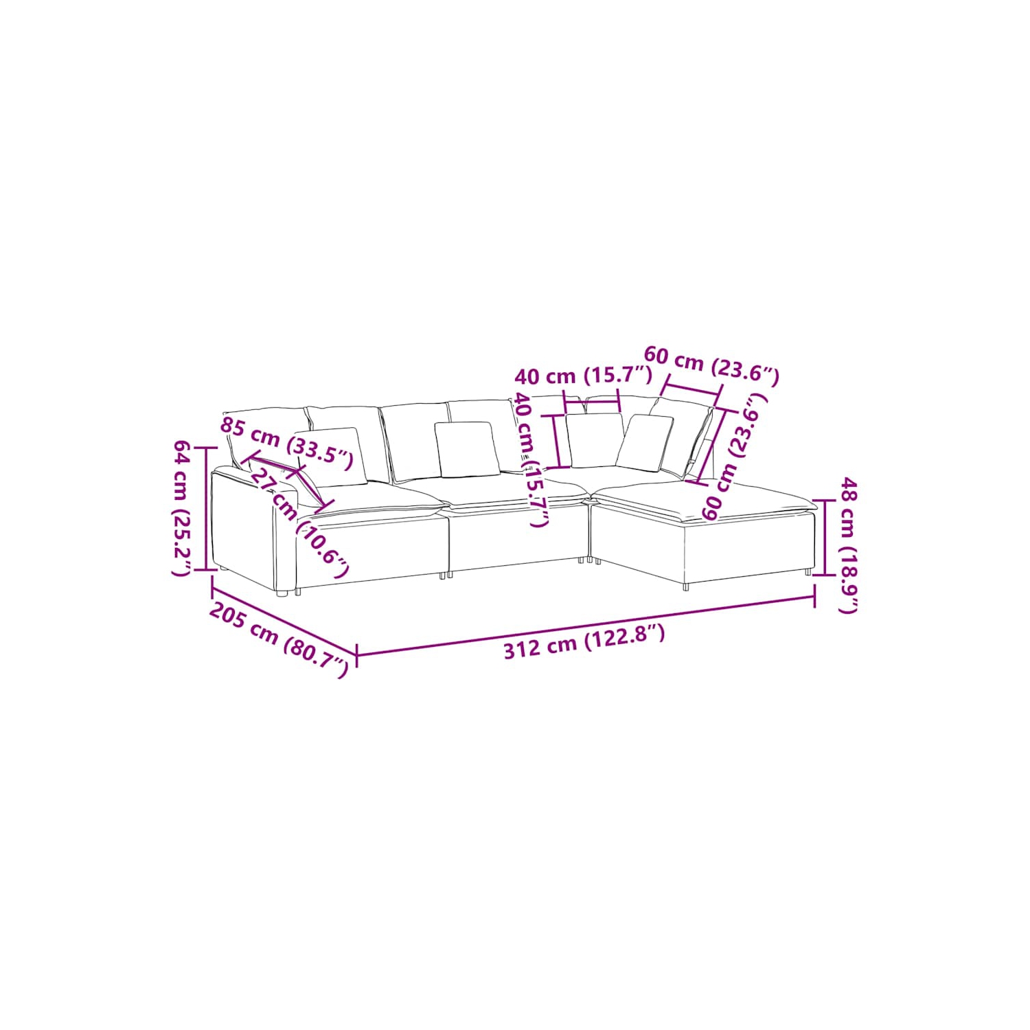 Sofa modulaire vidaXL avec repose-pieds et coussins en tissu gris foncé