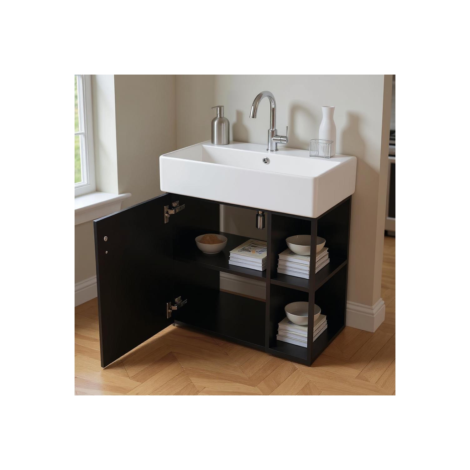 Homy Casa 30 in Midnight Black Kitchen Sideboard with Ceramic Sink and Storage