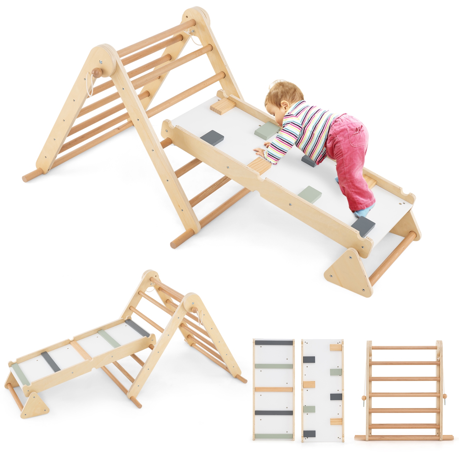 Gymax 3-in-1 Pikler Triangle Climbing Set Kids Montessori Climbing Toys Wooden Climber