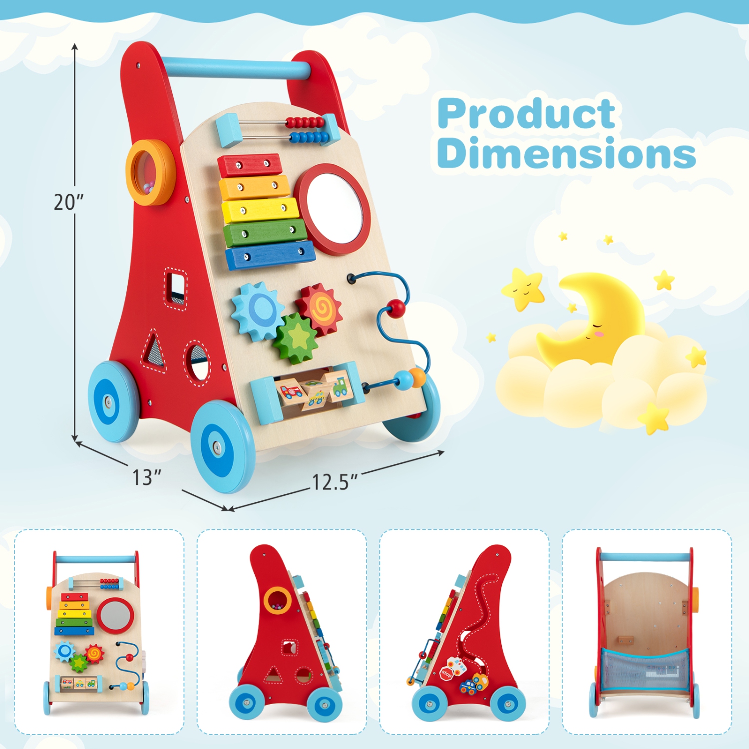 Gymax Wooden Baby Walker Baby Push Walker w/ Handle Storage & Wheels Walker Toy