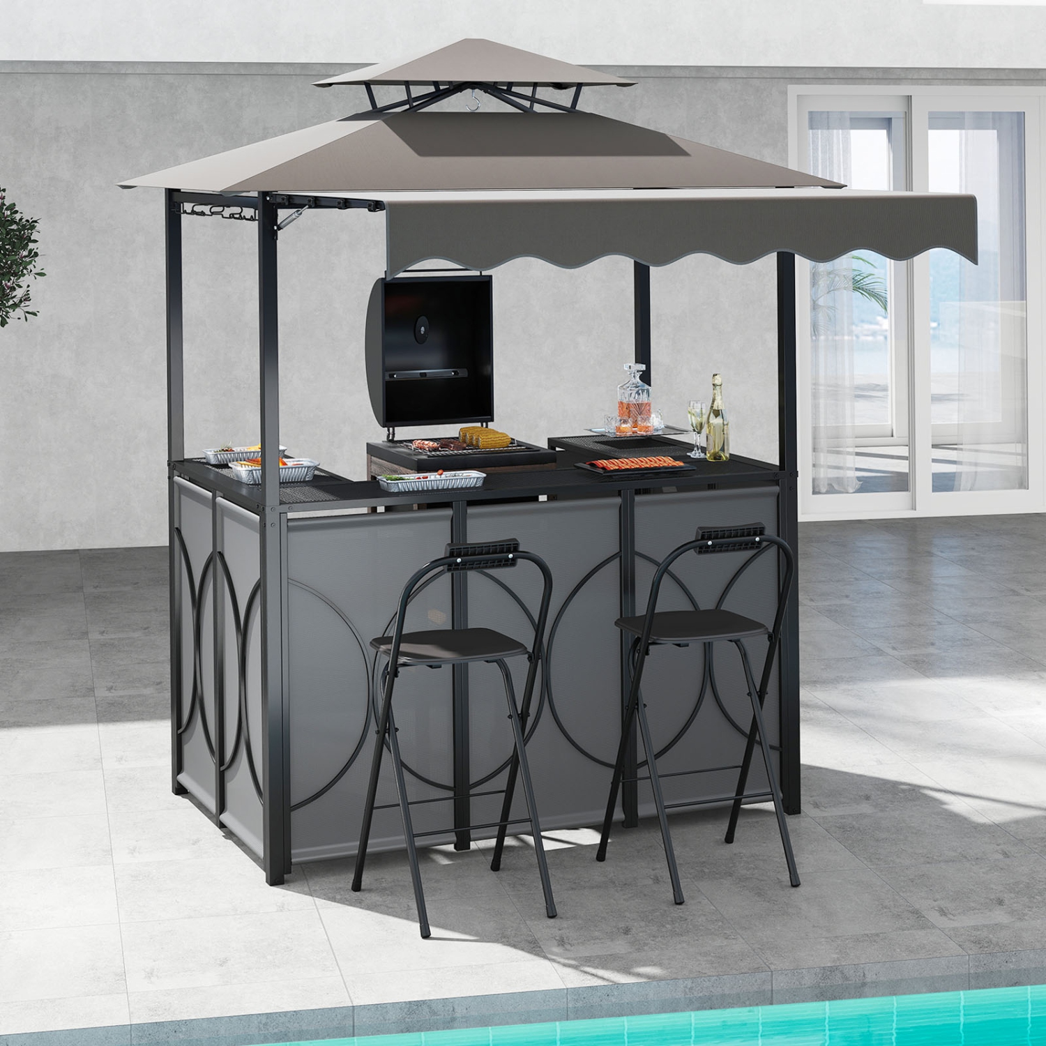 Gymax 3-Piece Outdoor BBQ Canopy w/ Bar Table & 2 Foldable Bar Chairs Set for Patio