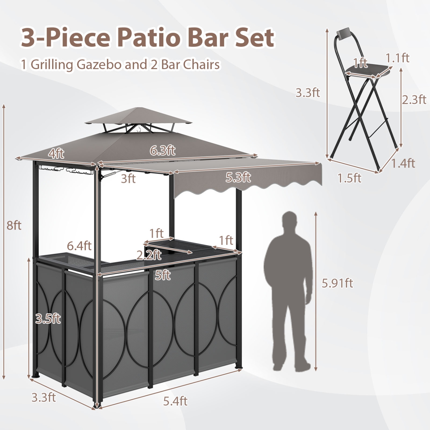Gymax 3-Piece Outdoor BBQ Canopy w/ Bar Table & 2 Foldable Bar Chairs Set for Patio