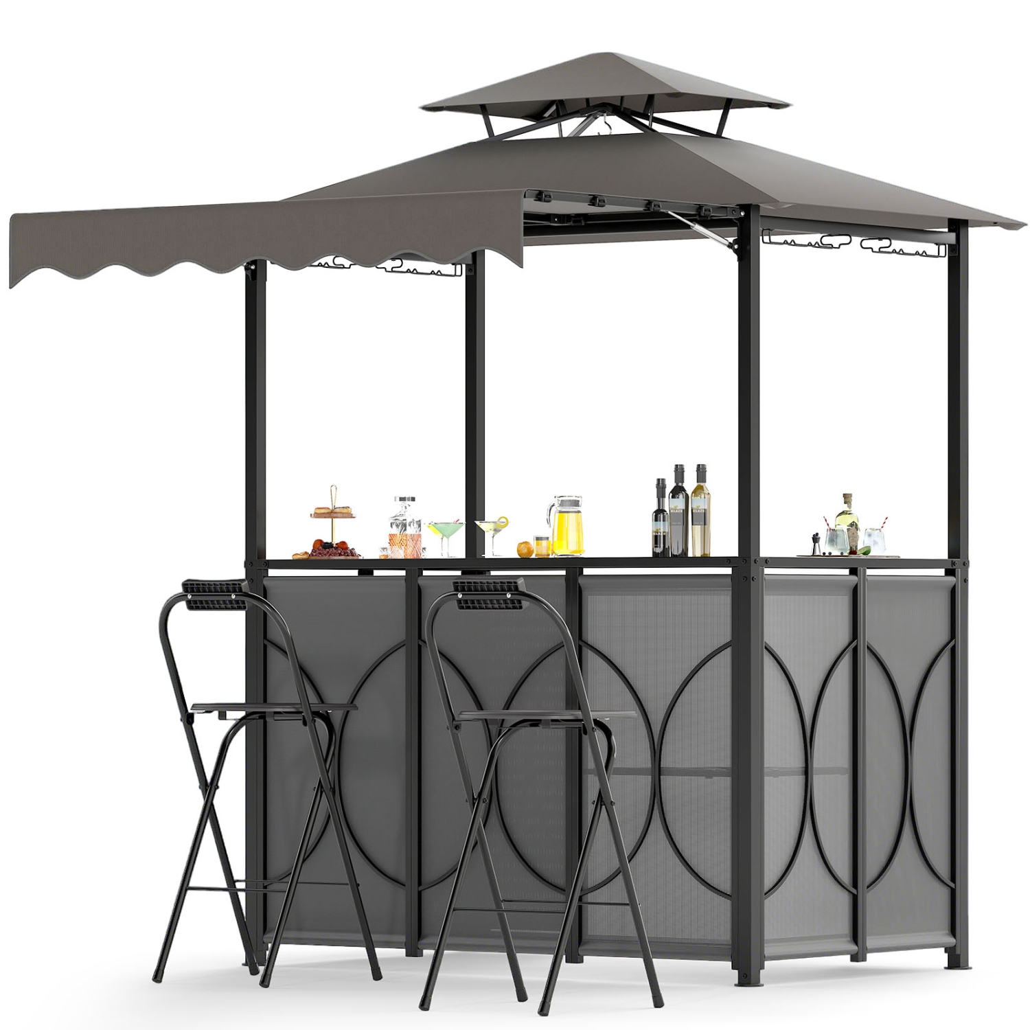 Gymax 3-Piece Outdoor BBQ Canopy w/ Bar Table & 2 Foldable Bar Chairs Set for Patio