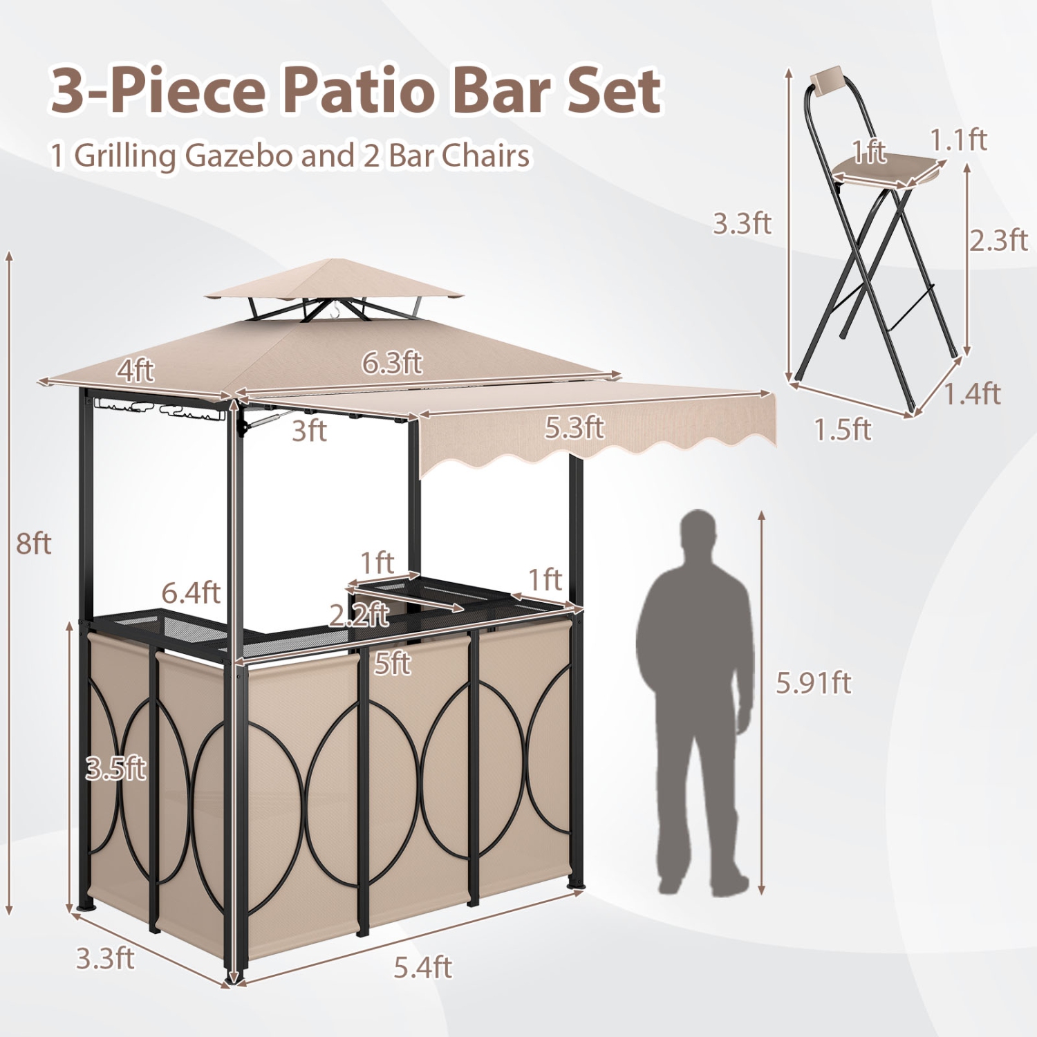 Gymax 3-Piece Outdoor BBQ Canopy w/ Bar Table & 2 Foldable Bar Chairs Set for Patio